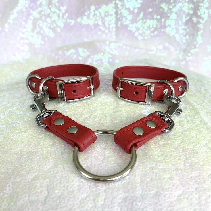 Cherry Red and Silver Petite Bondage Cuffs Cuffs Restrained Grace