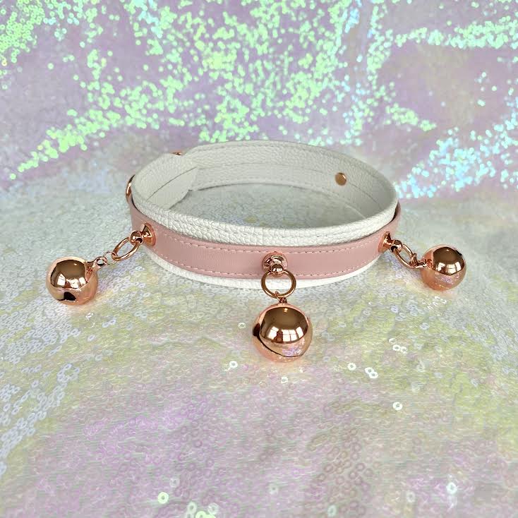 Carnation Pink and White Vegan Reindeer Collar - BDSM Collar with Jingle Bells Collar Restrained Grace