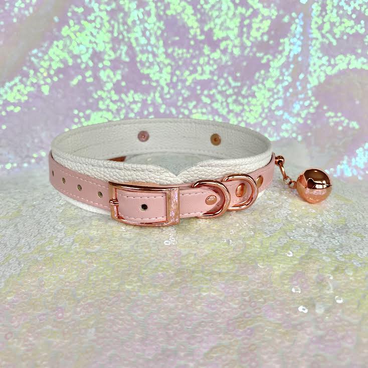 Carnation Pink and White Vegan Reindeer Collar - BDSM Collar with Jingle Bells Collar Restrained Grace