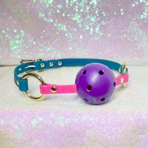 Leather Breathable Ball Gag - Teal and Gold Gag Restrained Grace
