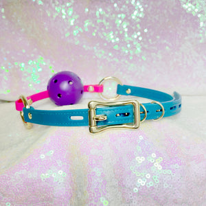 Leather Breathable Ball Gag - Teal and Gold Gag Restrained Grace