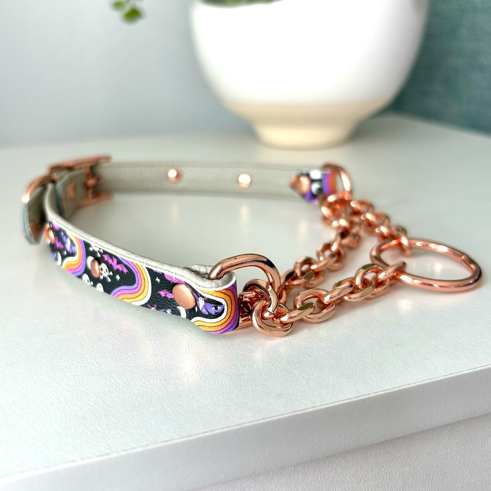 Dove Gray and Rose Gold Halloween Retrowave Martingale BDSM Collar Collar Restrained Grace