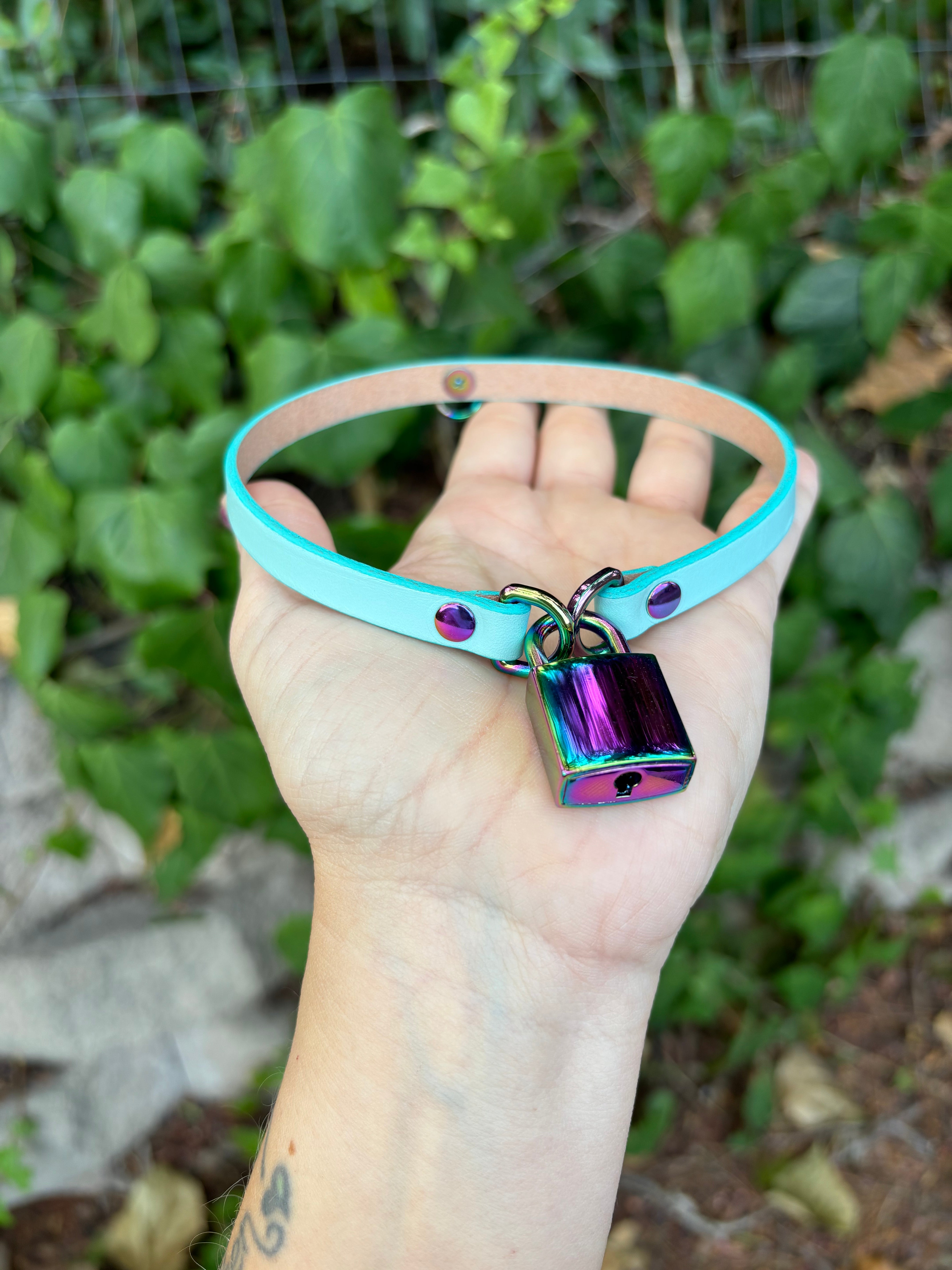 Sample Sale - Robins Egg Blue and Iridescent Rainbow Locking Mini Collar - 13.5” Collar Restrained Grace