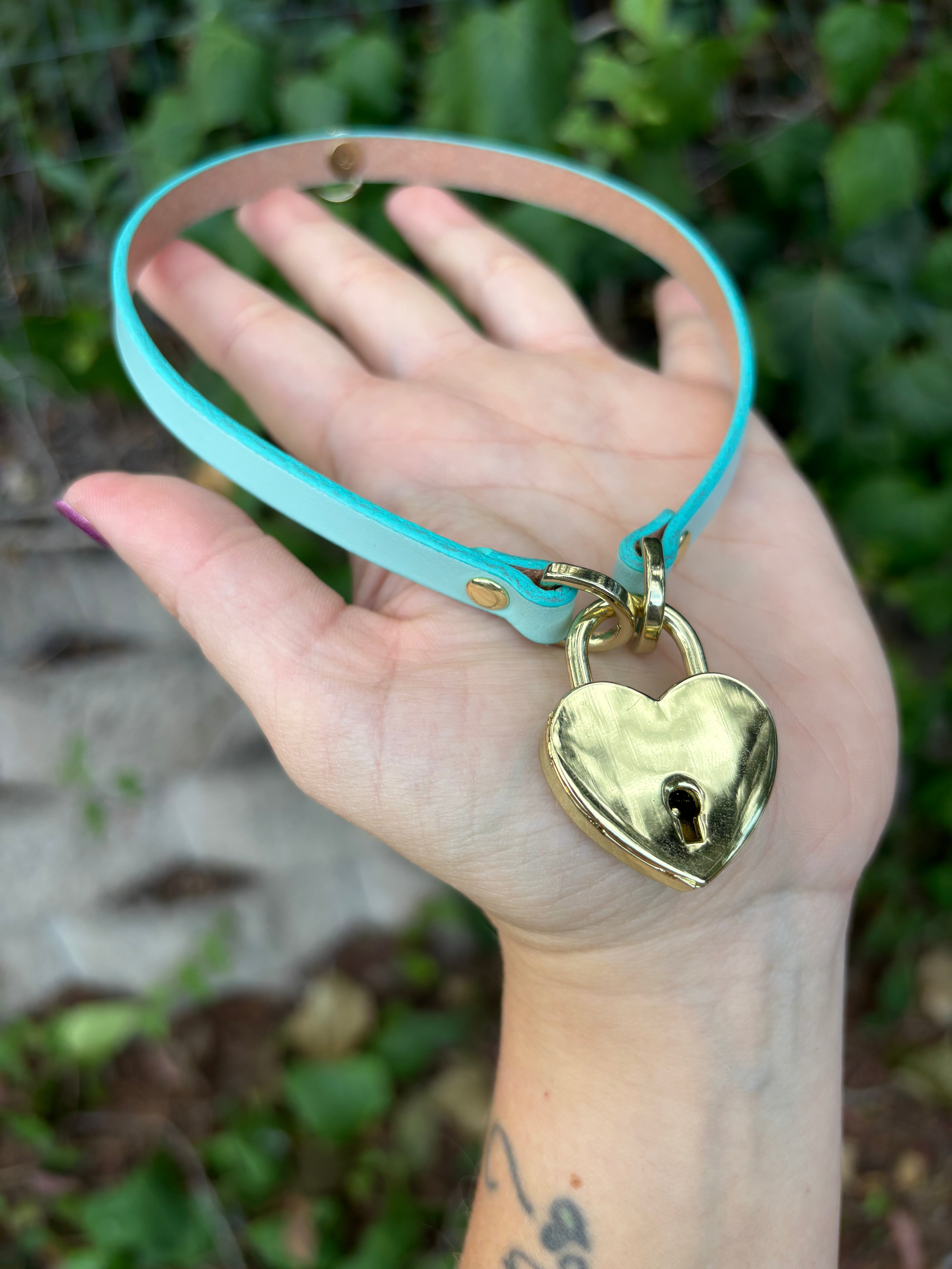 Sample Sale - Robins Egg Blue and Gold Locking Mini Collar - 14” Collar Restrained Grace