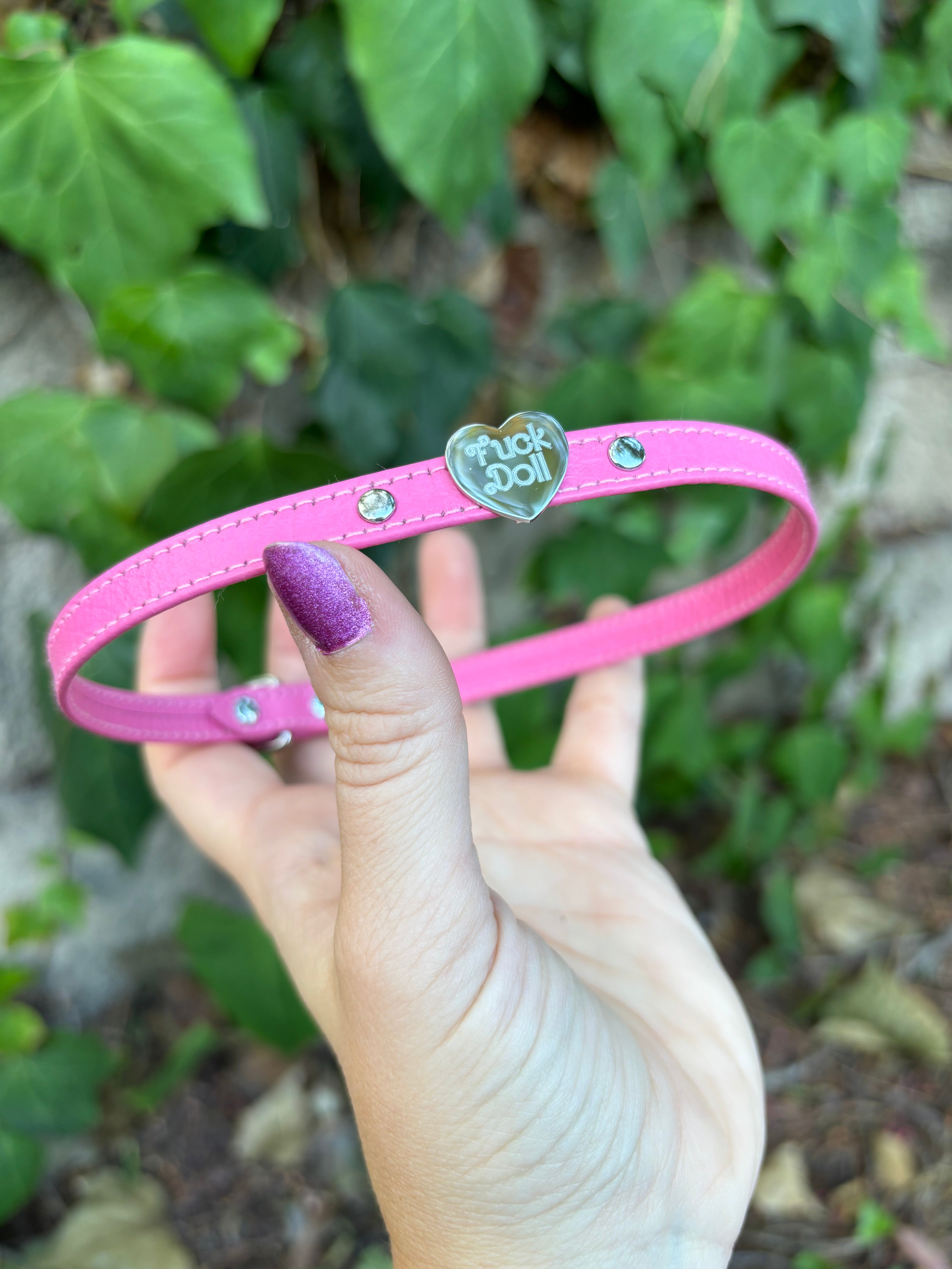 Sample Sale - Flamingo Pink and Silver Fuck Doll Mini Collar - 13.5”-15.5” Collar Restrained Grace