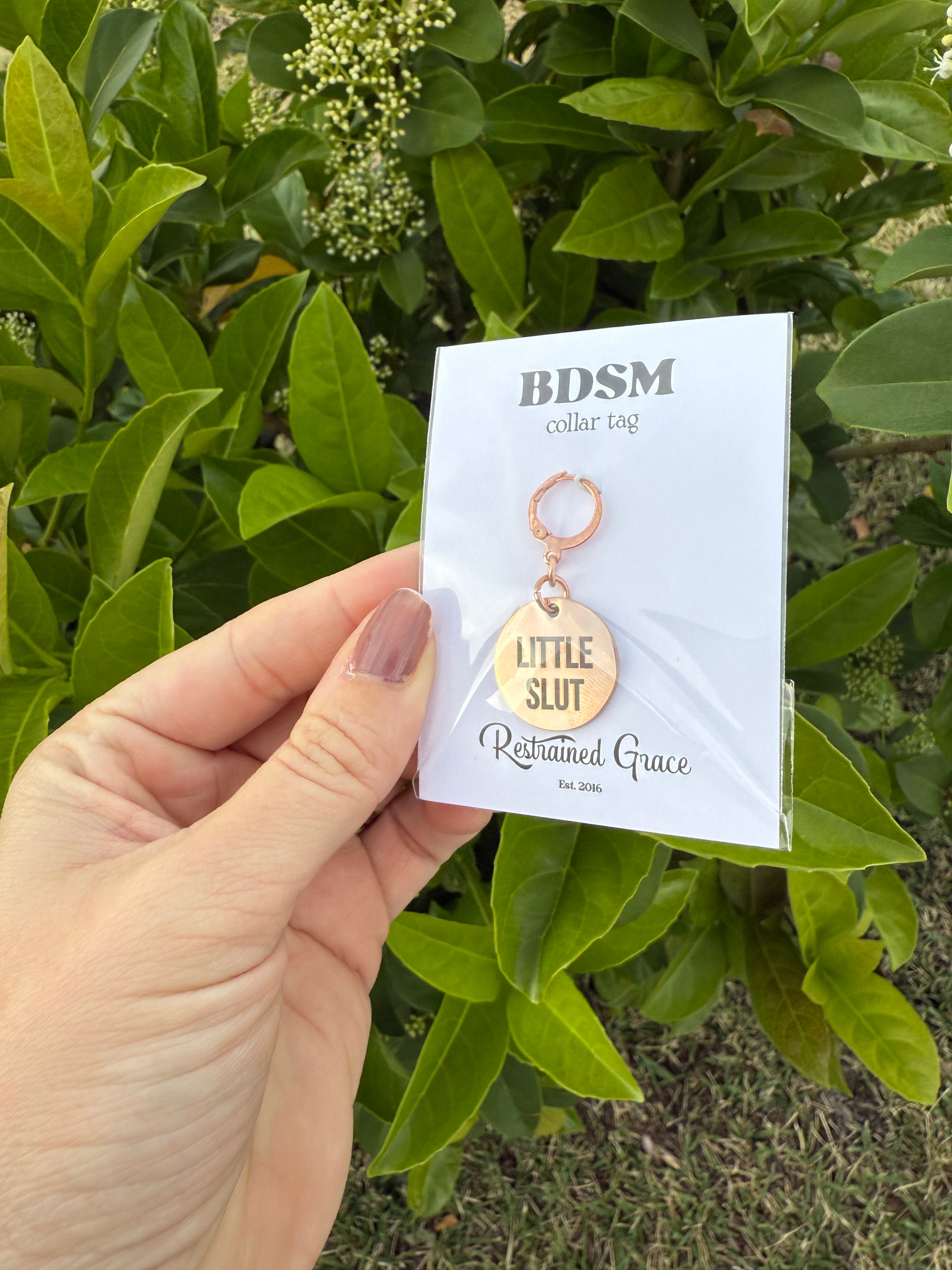 Sample Sale - Collar Tag - Rose Gold Engraved Steel "Little Slut" Sample Sale Restrained Grace