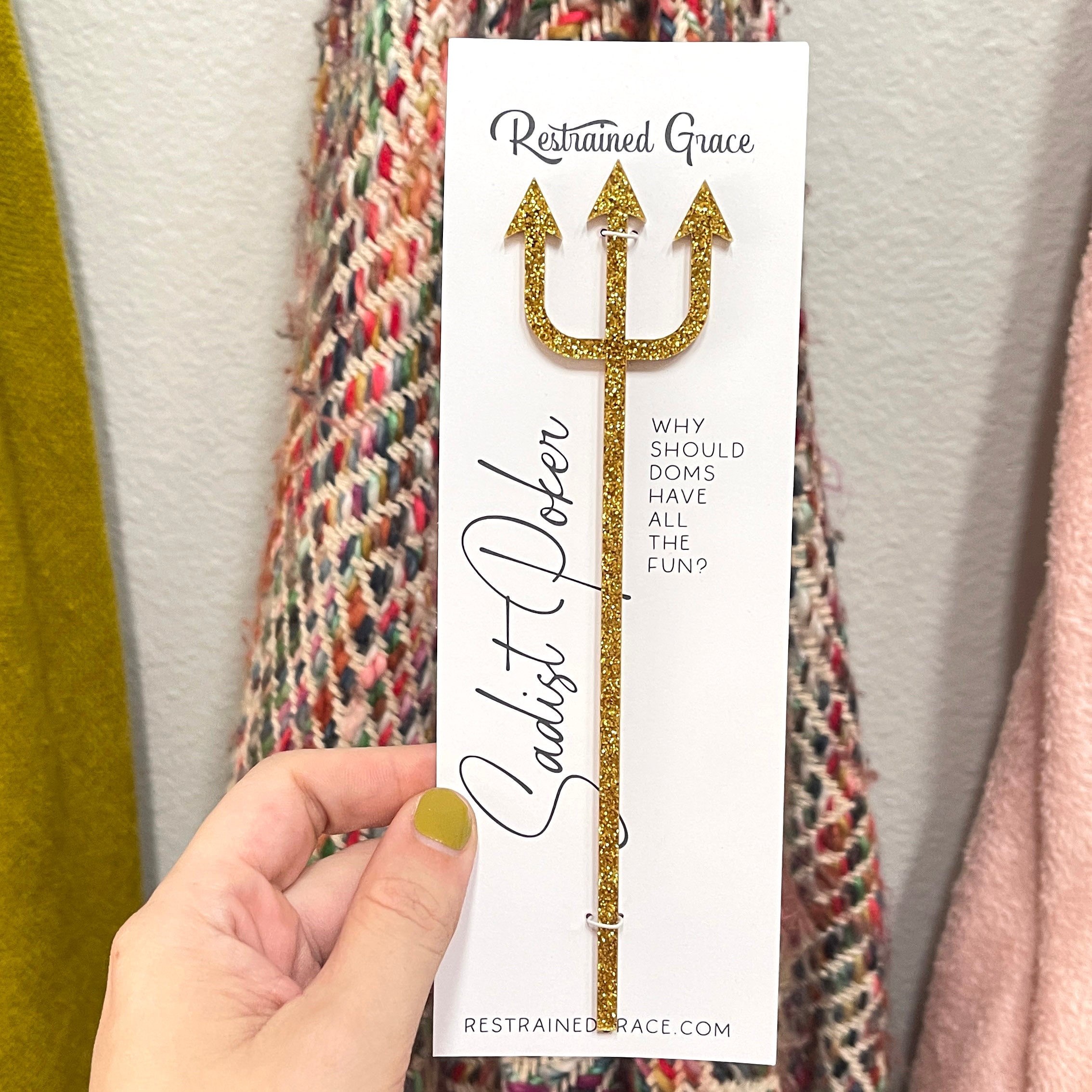 The Sadist Poker Paddle Restrained Grace Gold Glitter