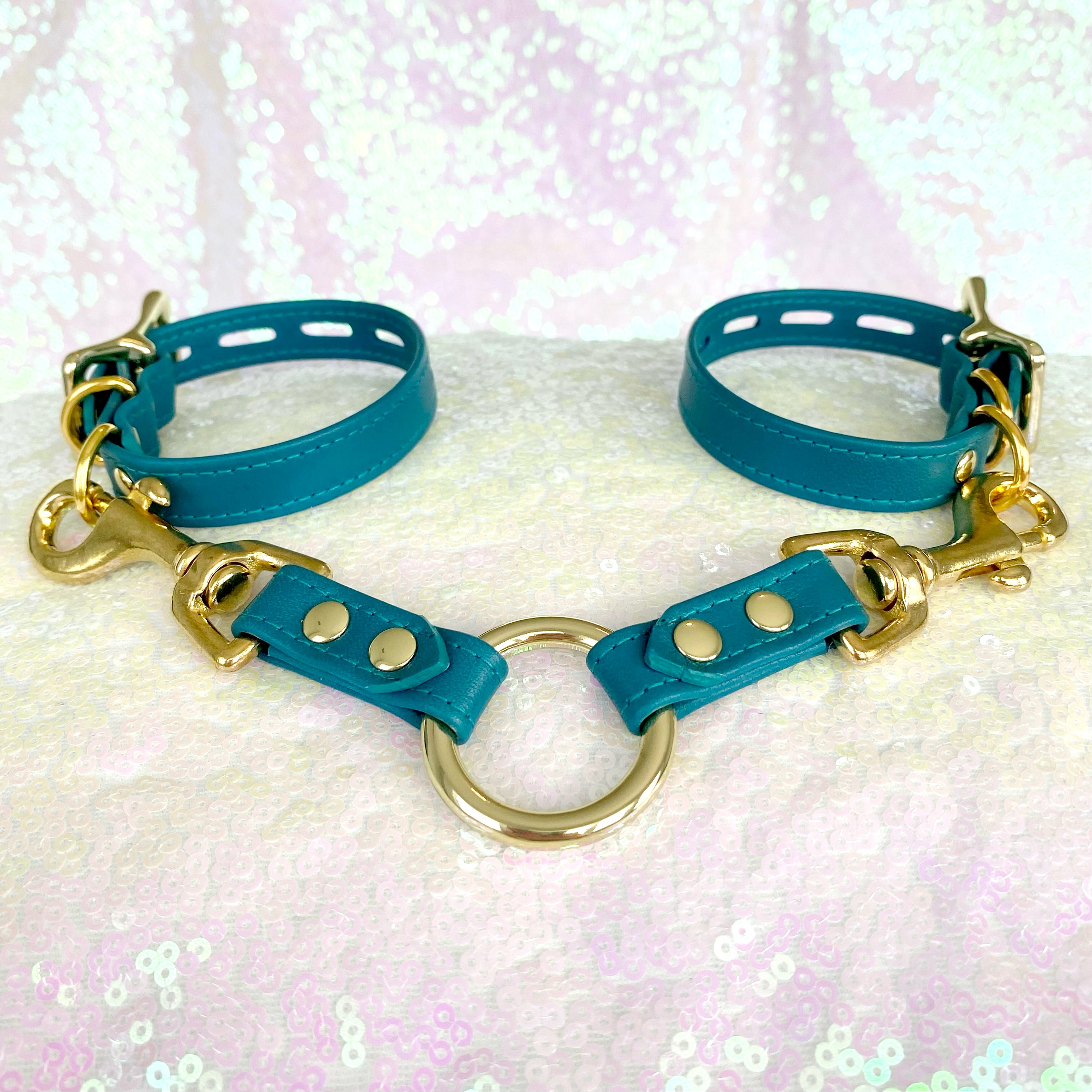 Teal and Gold Petite Locking Bondage Cuffs Cuffs Restrained Grace