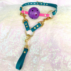 Leather Breathable Ball Gag - Teal and Gold Gag Restrained Grace