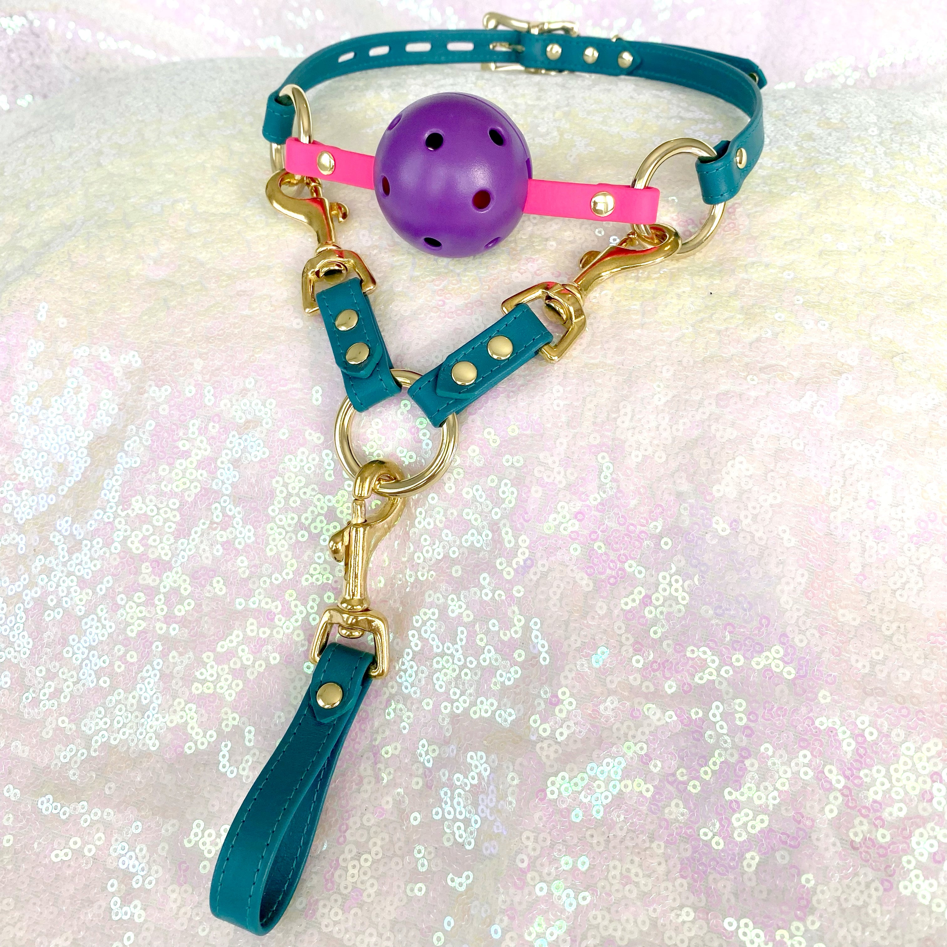 Leather Breathable Ball Gag - Teal and Gold Gag Restrained Grace