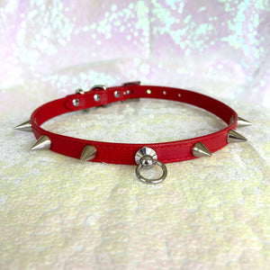 Cherry Red Leather Spiked Mini BDSM Collar Collar Restrained Grace