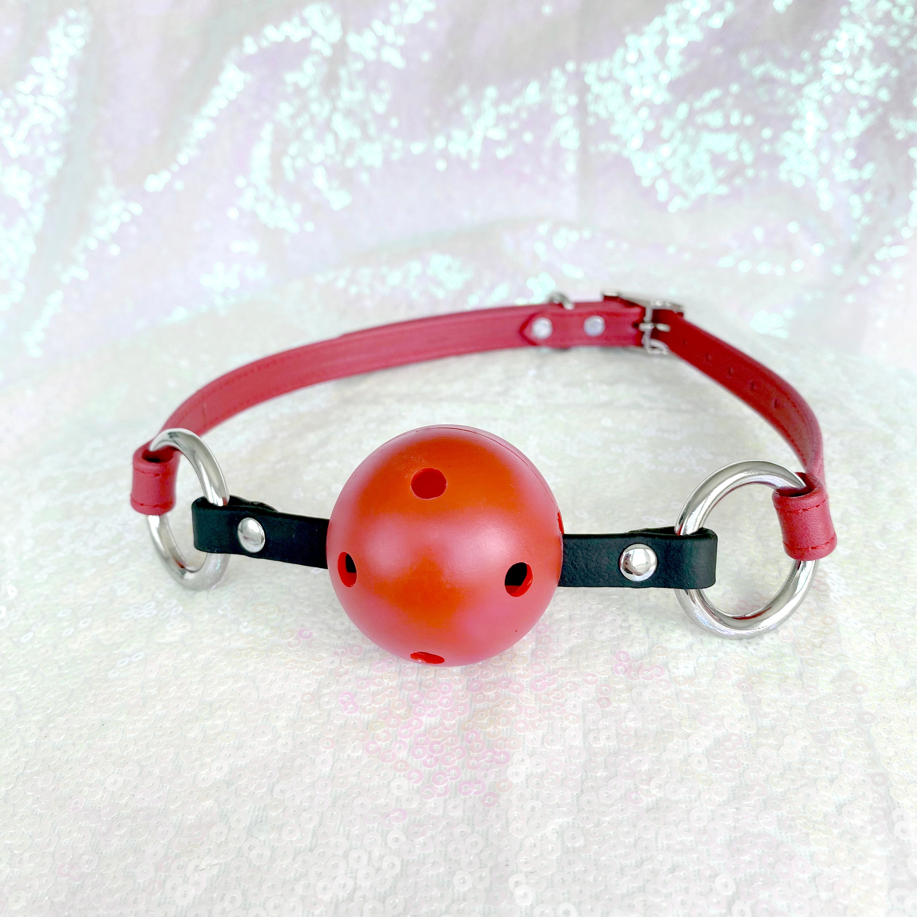 Cherry Red and Silver Breathable Ball Gag Gag Restrained Grace