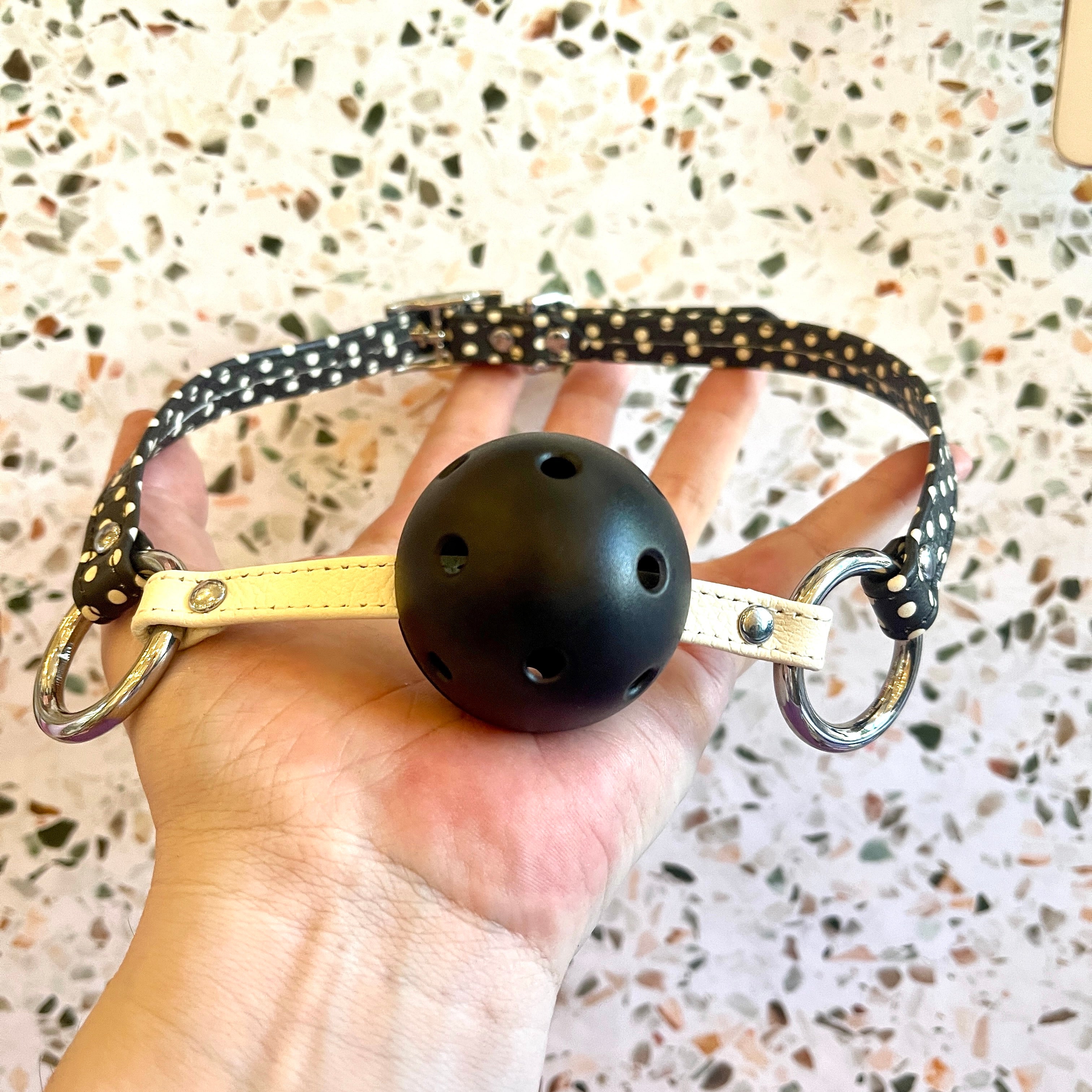 Sample Sale - Breathable Gag - Black & White Polka Dot Gag Restrained Grace