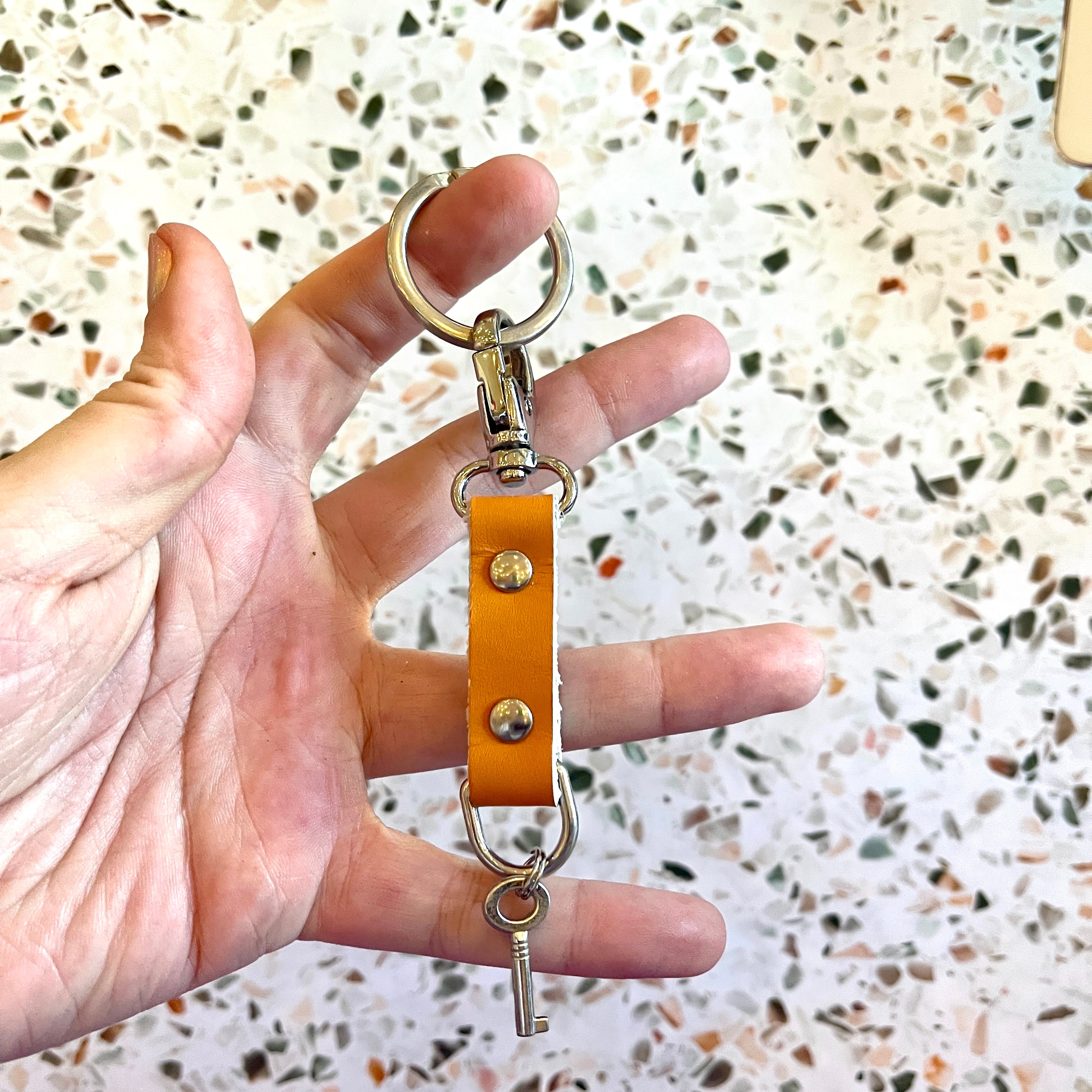 Sample Sale - Keychain - XL Leather Key Holder Clip Orange & Silver Keychain Restrained Grace