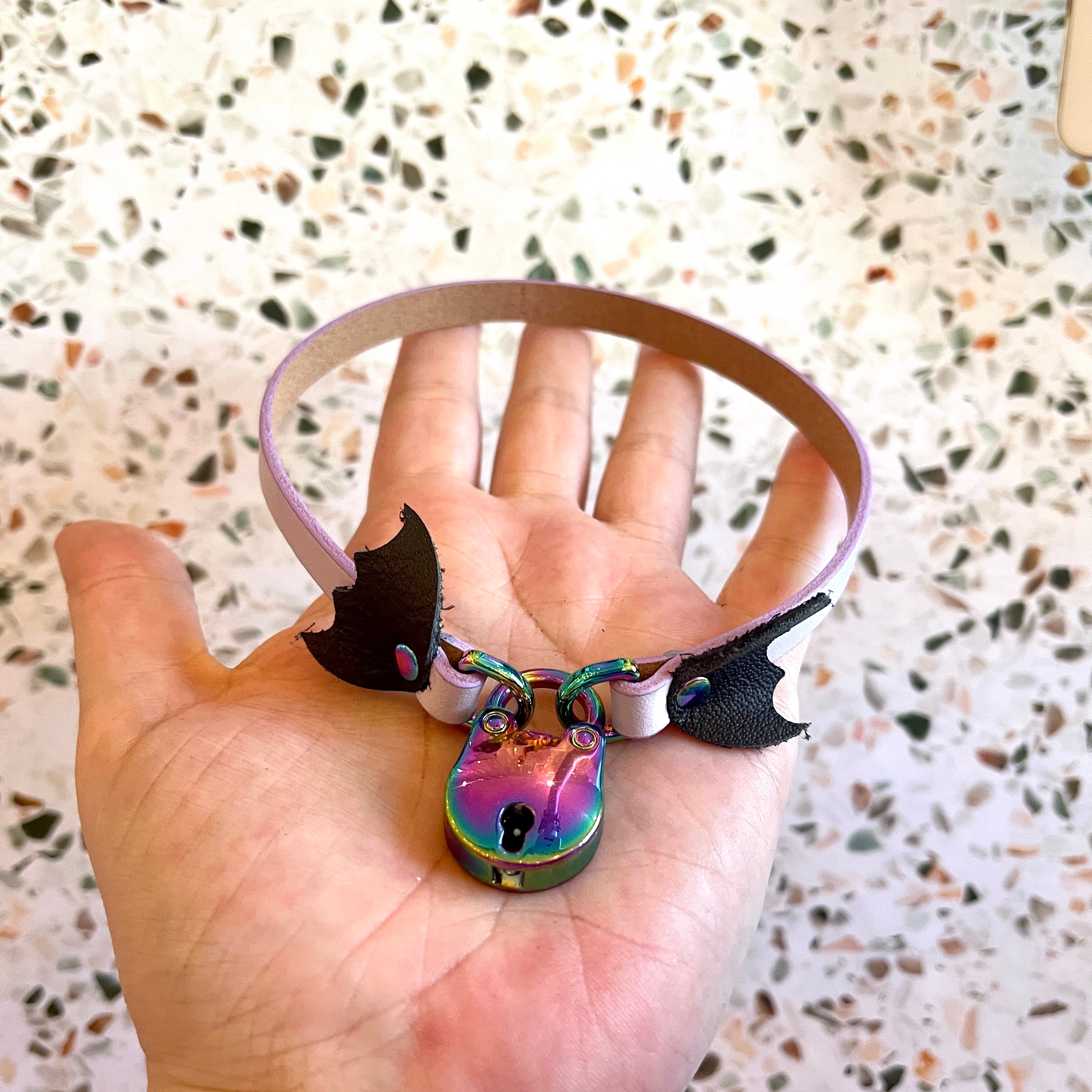 Sample Sale - Locking Mini Collar - Lavender Bat Wings - 13" Collar Restrained Grace