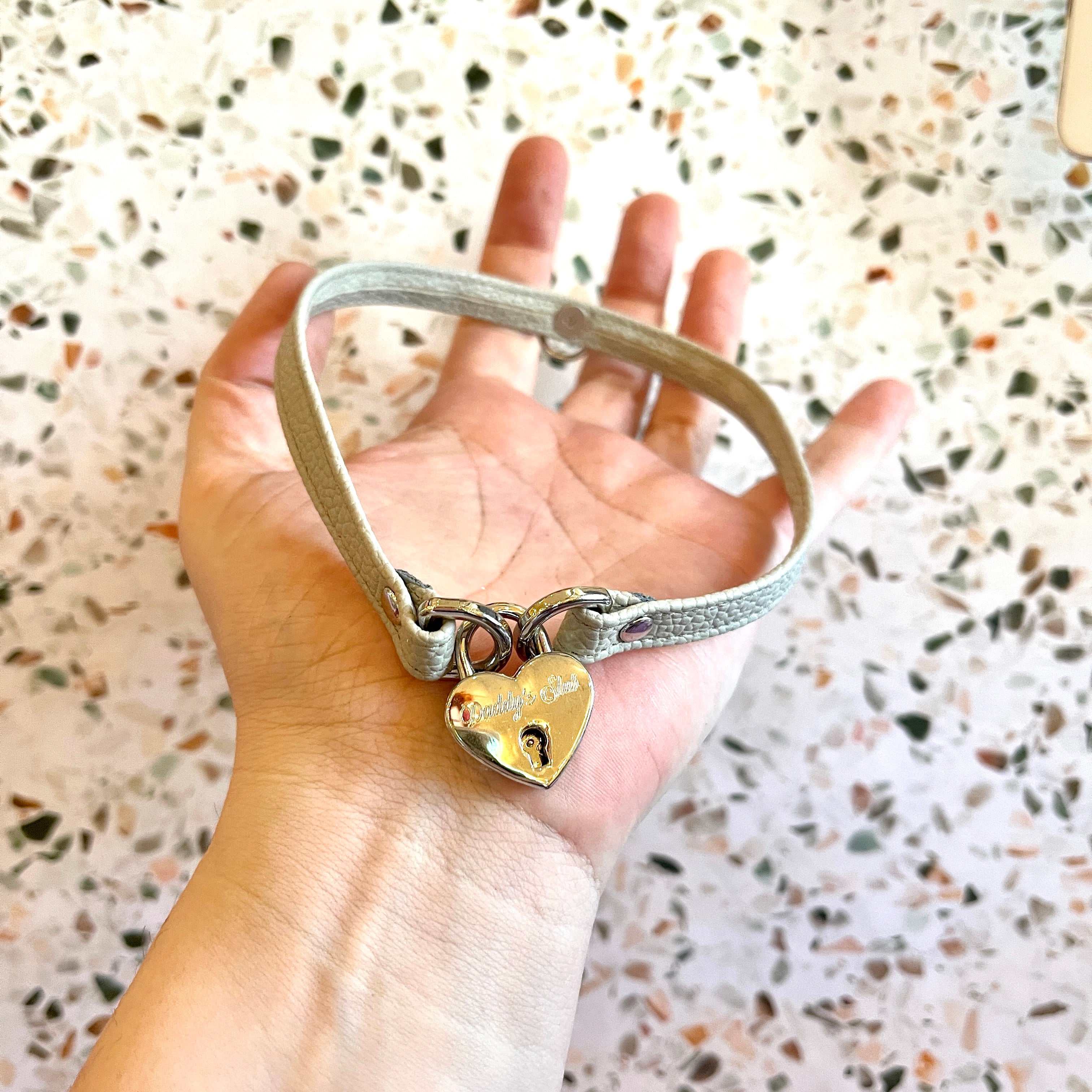 Sample Sale - Locking Mini Collar - Dove Gray & Silver "Daddy's Slut" - 14" Sample Sale Restrained Grace