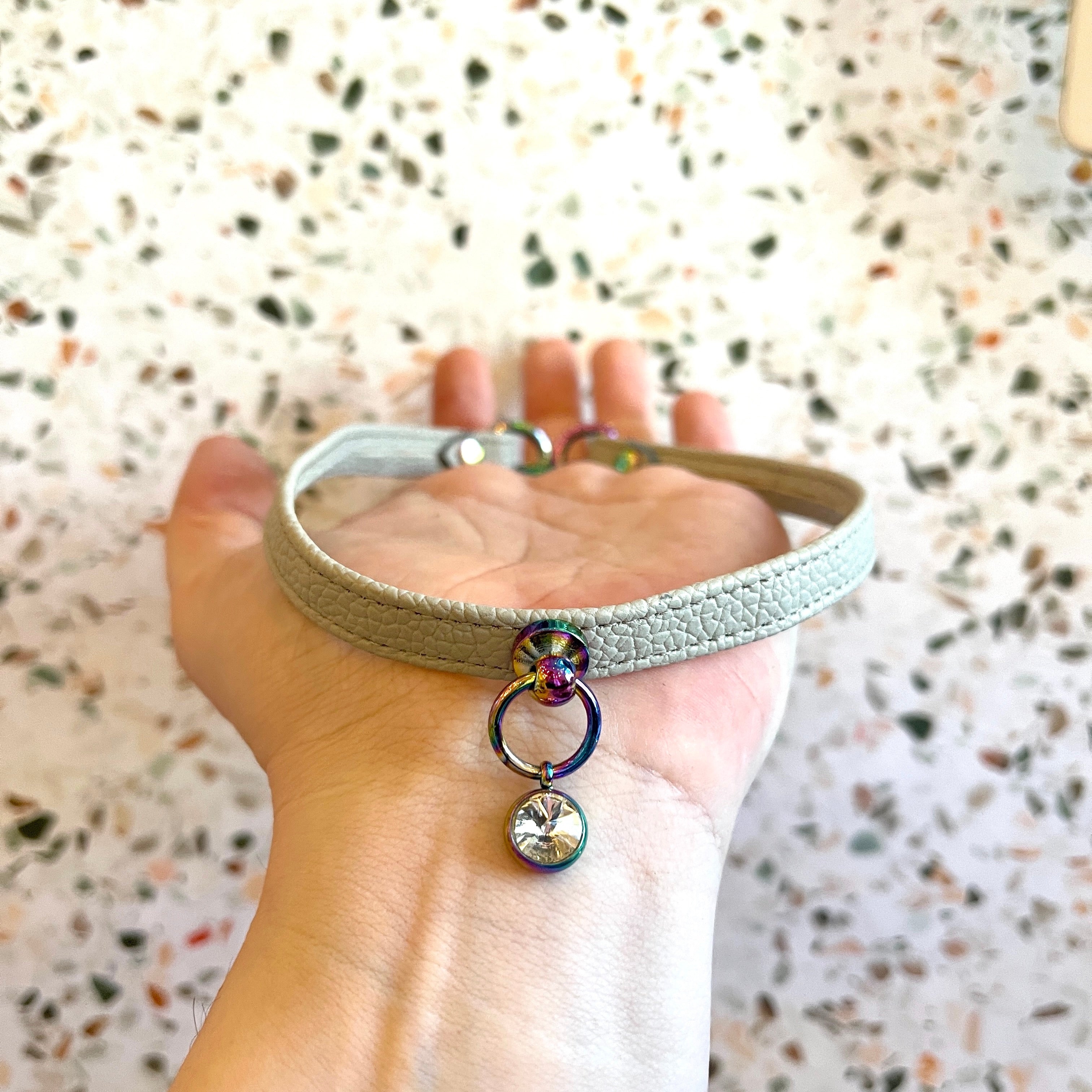 Sample Sale - Locking Mini Collar - Dove Gray & Iridescent Rainbow with Crystal Drop - 13" Collar Restrained Grace