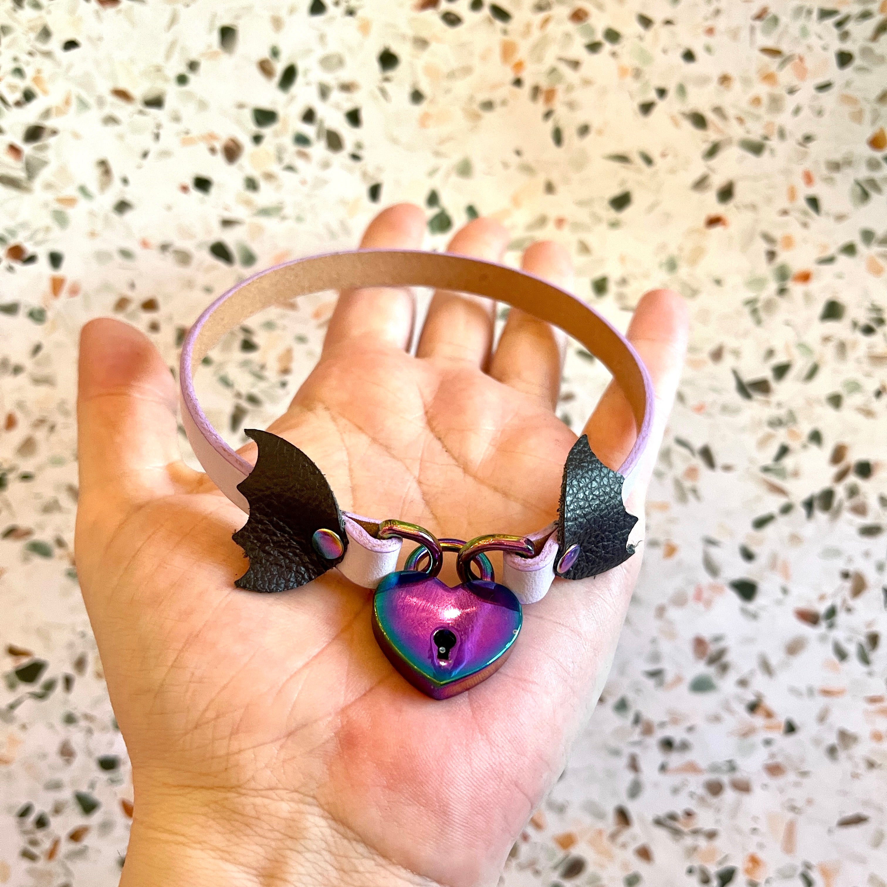 Sample Sale - Locking Mini Collar - Lavender Bat Wings - 12" Collar Restrained Grace