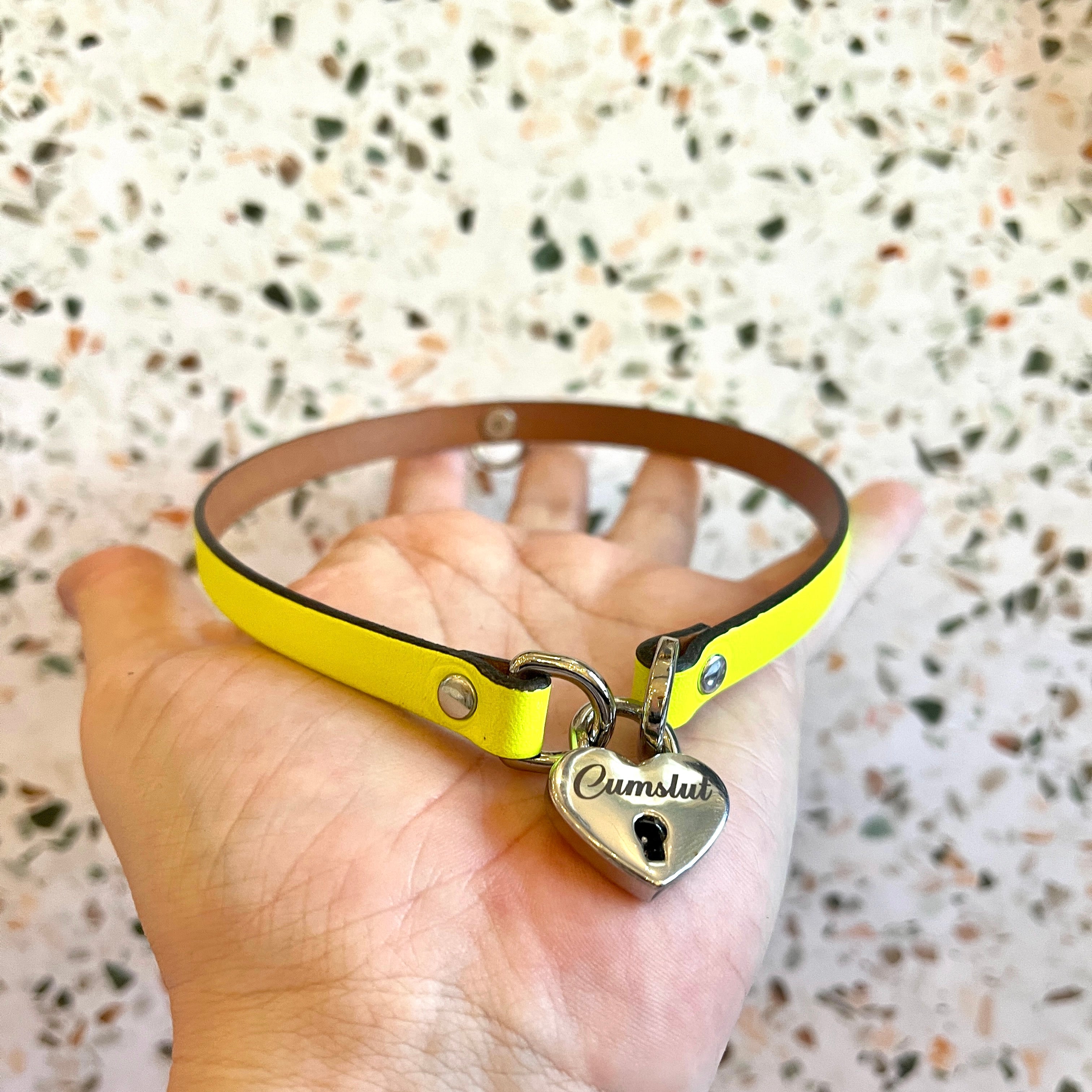 Sample Sale - Locking Mini Collar - Neon Yellow & Silver "Cumslut" - 15" Collar Restrained Grace