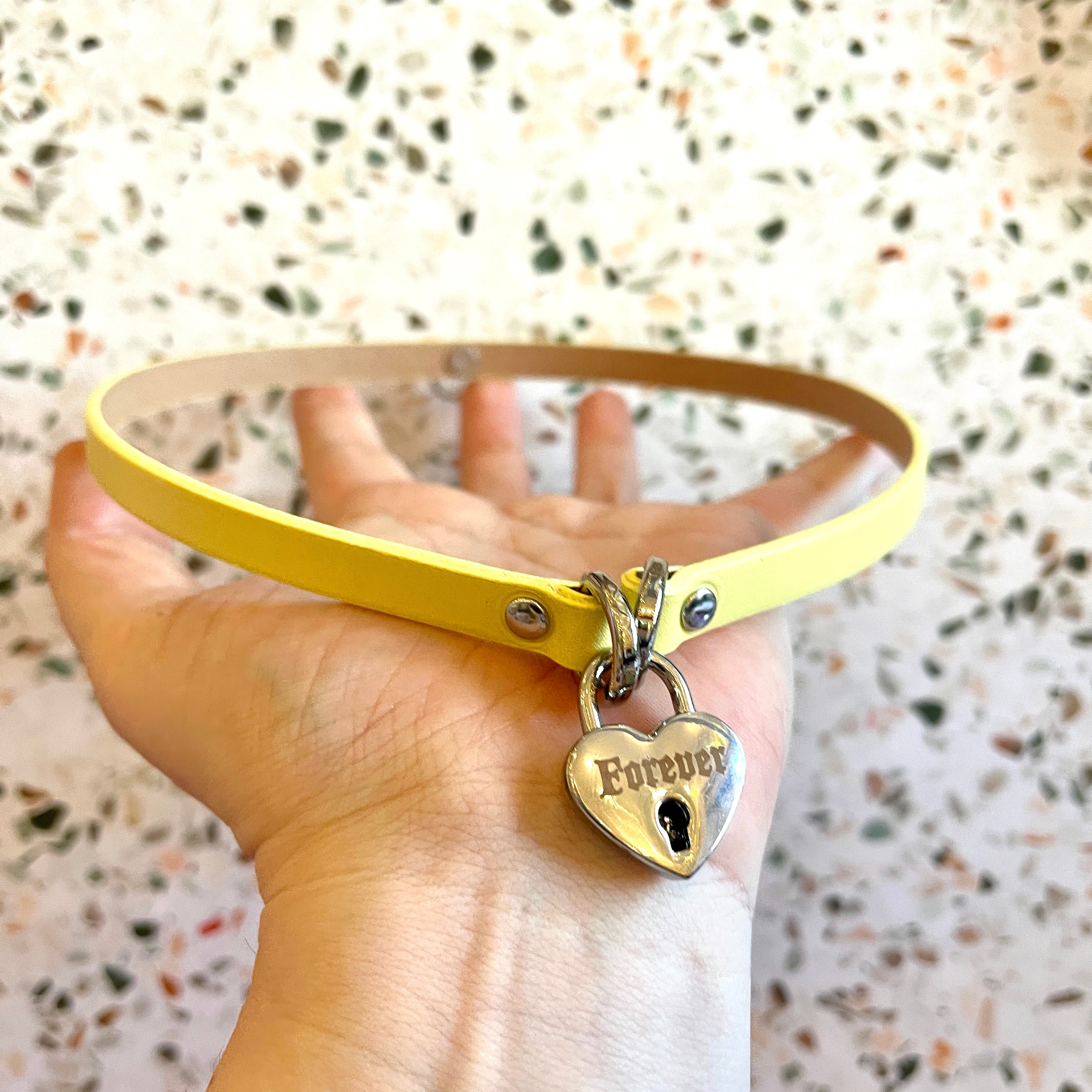 Sample Sale - Locking Mini Collar - Pale Yellow & Silver "Forever" - 20" Collar Restrained Grace