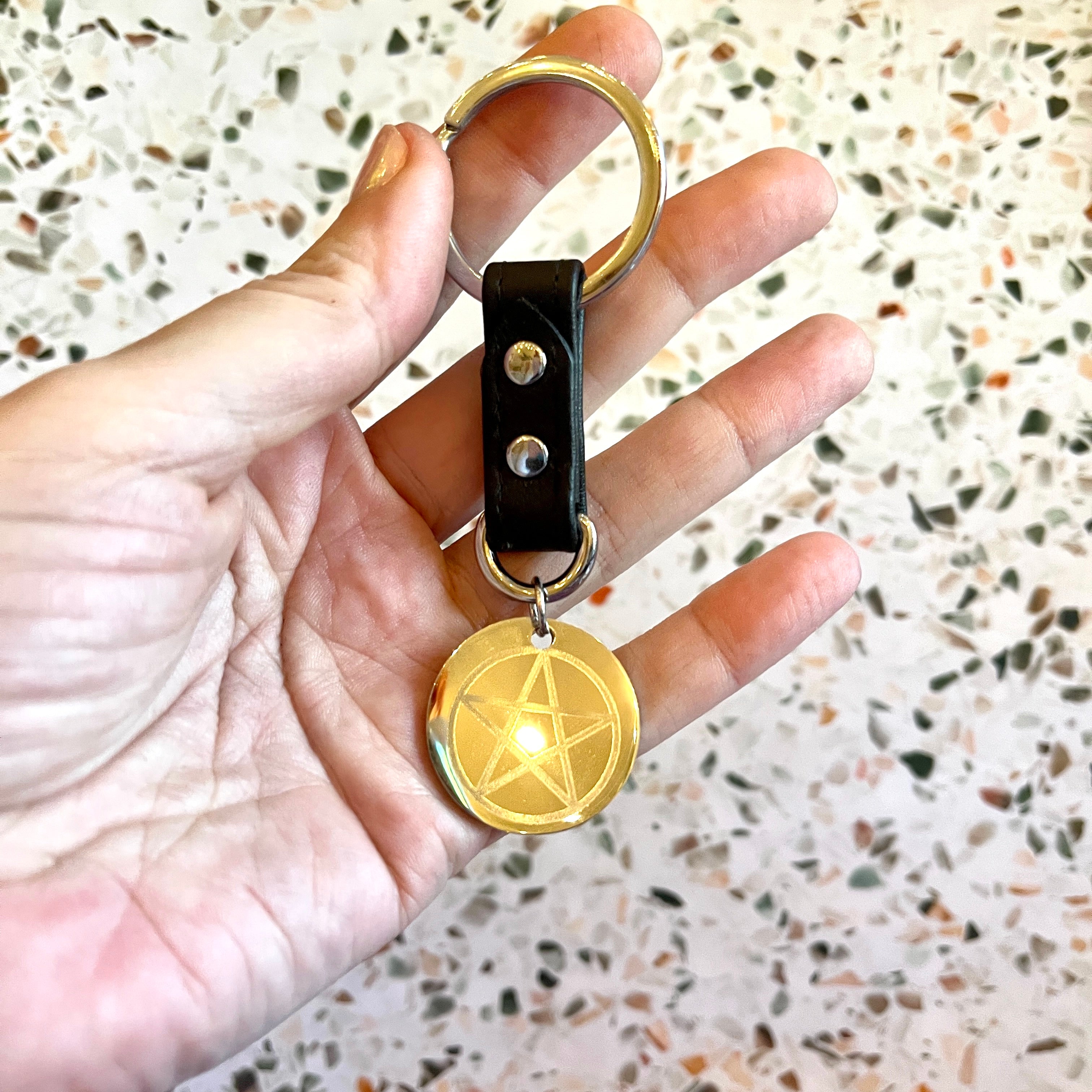 Sample Sale - Keychain - Black Leather & Silver Pentacle Keychain Restrained Grace