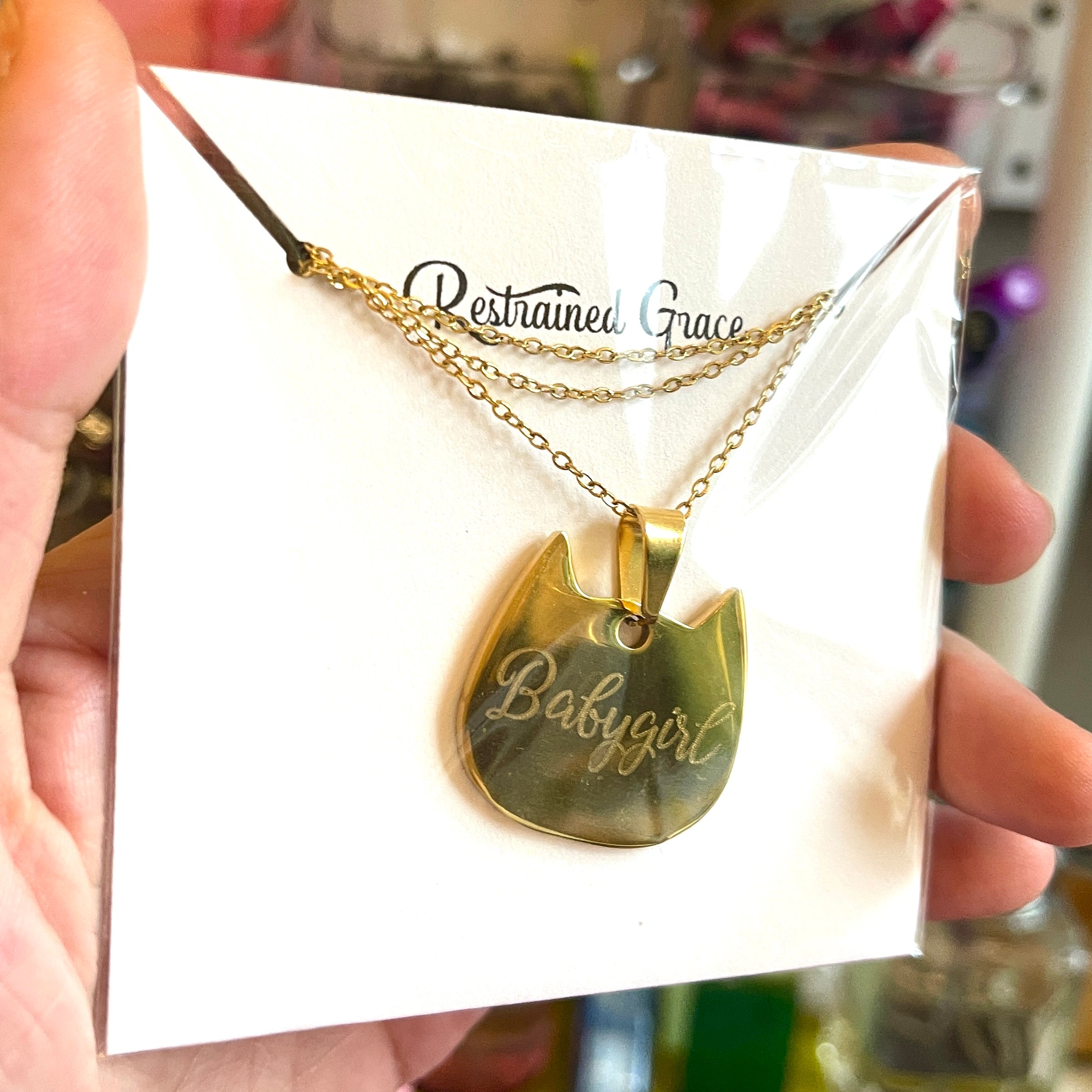 Sample Sale - Necklace - Gold Plated Steel Cat Head "Babygirl" Sample Sale Restrained Grace