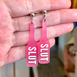 Slut Paddle Earrings in Pink - BDSM Jewelry Earrings Restrained Grace Pink