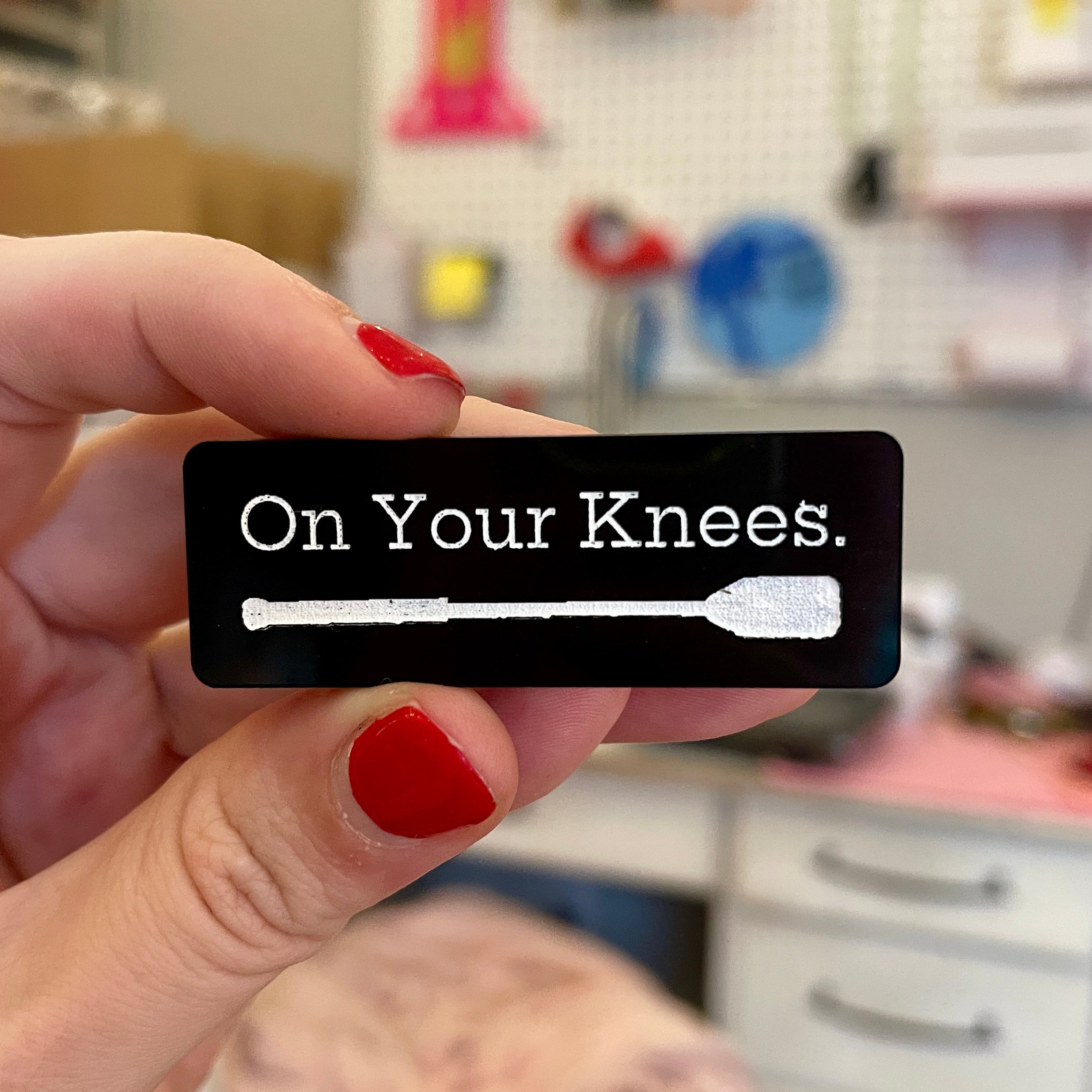 On Your Knees Riding Crop Pin - Dominant Pin Pin Restrained Grace