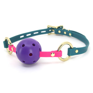 Leather Breathable Ball Gag - Teal and Gold Gag Restrained Grace