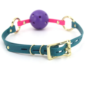 Leather Breathable Ball Gag - Teal and Gold Gag Restrained Grace