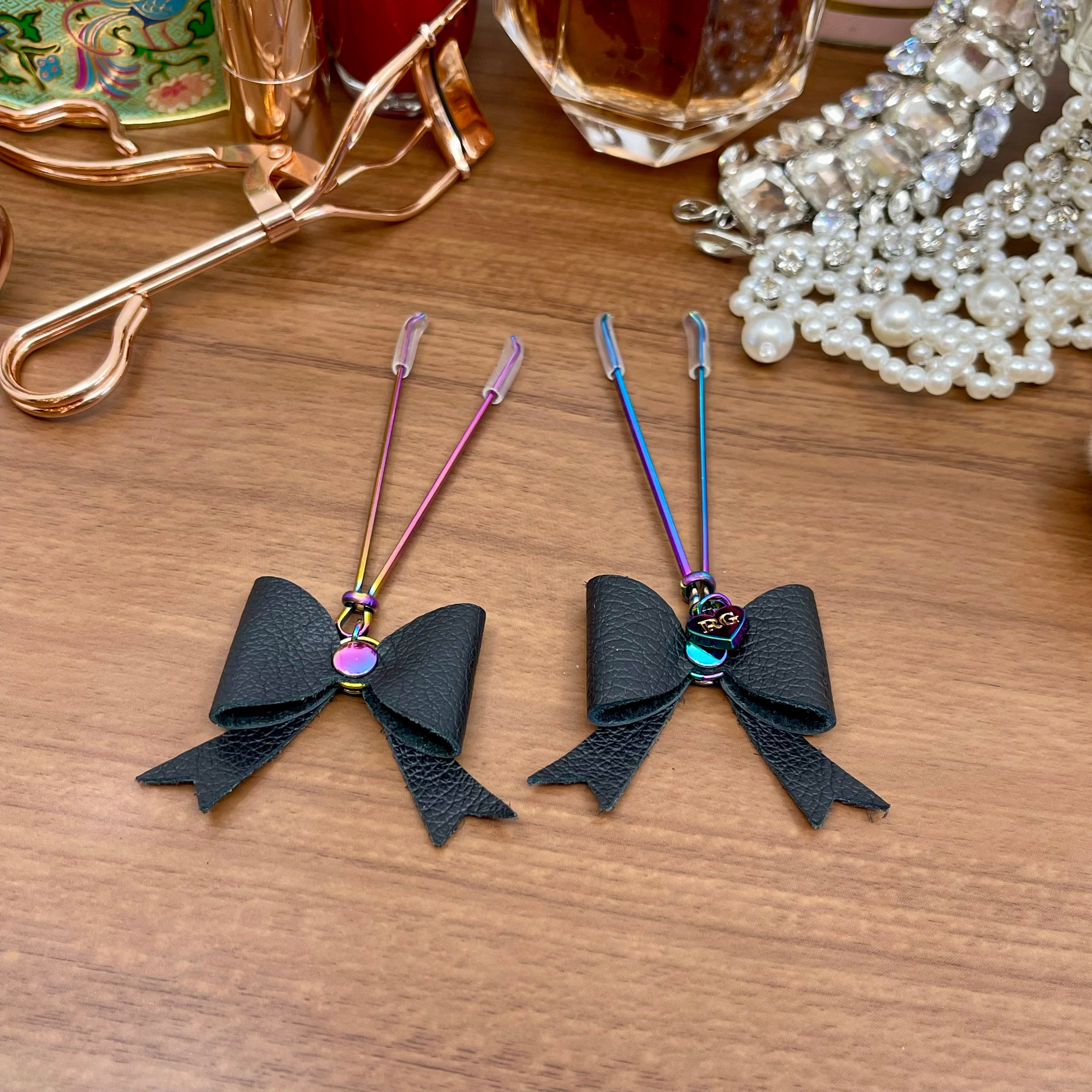 Leather Bow Nipple clamps - Black & Iridescent Rainbow