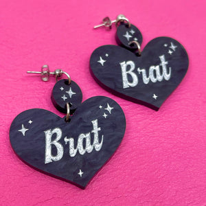 Brat Retro Sparkle Heart Earrings - Black & Silver Earrings Restrained Grace