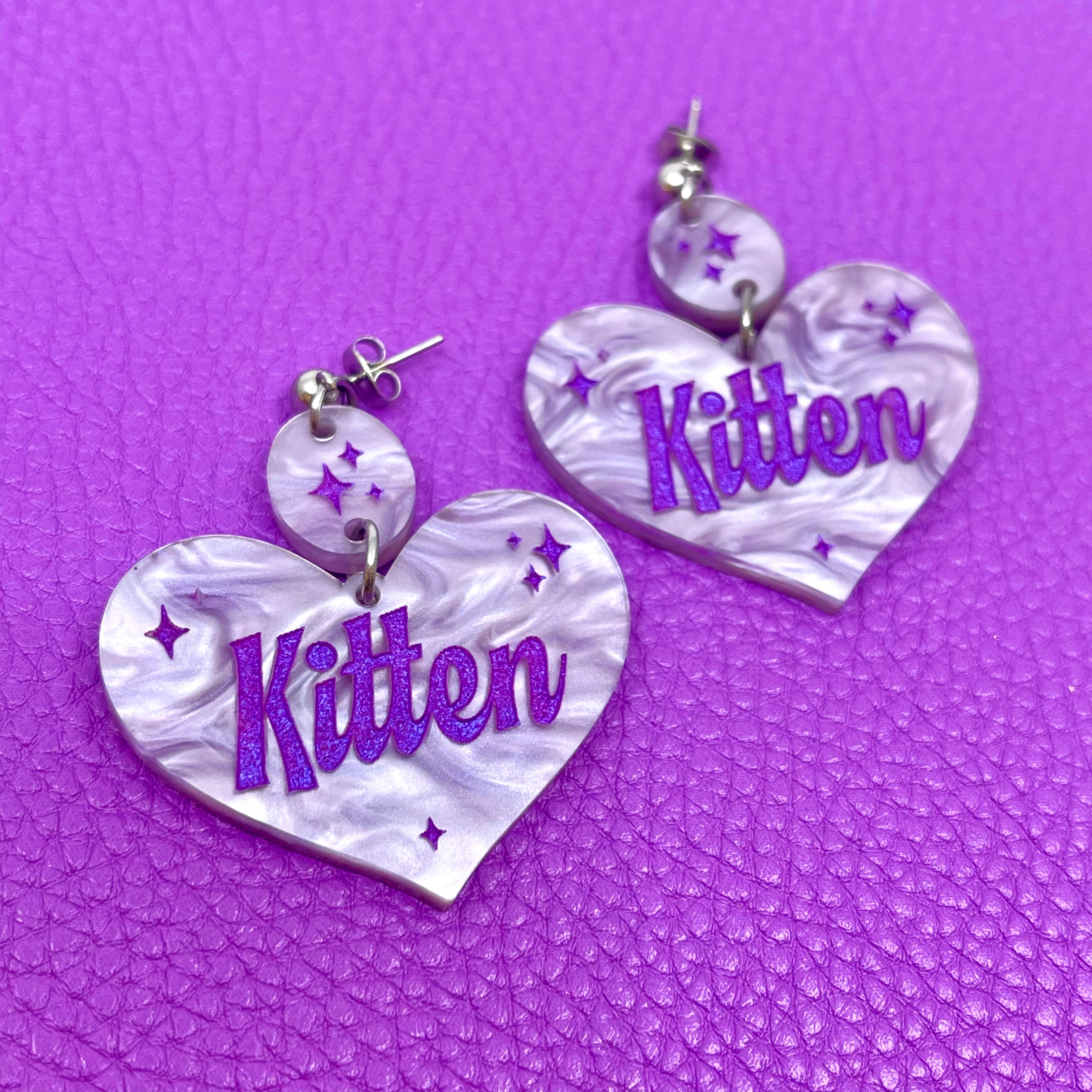 Kitten Retro Sparkle Heart Earrings - Lavender Earrings Restrained Grace