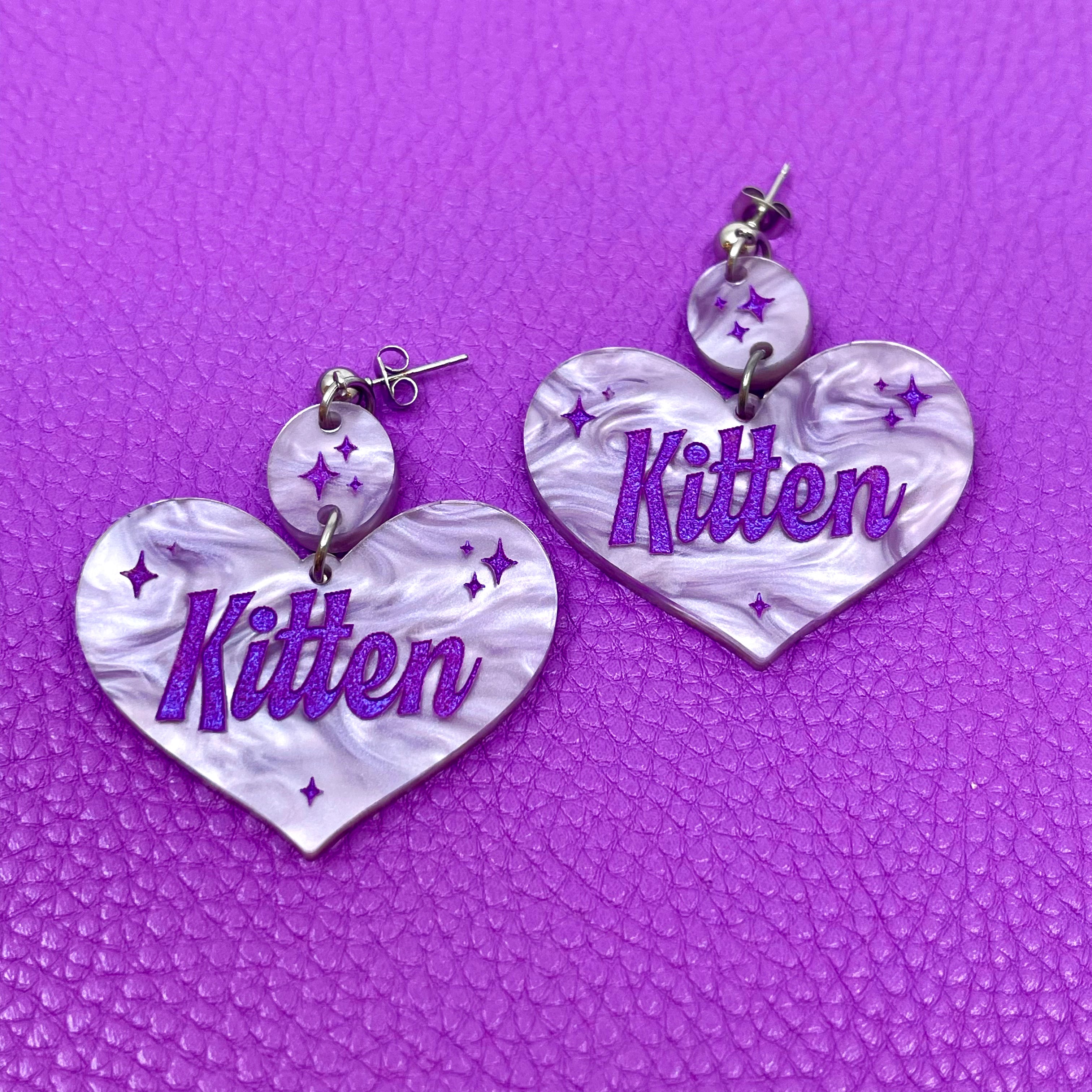 Kitten Retro Sparkle Heart Earrings - Lavender Earrings Restrained Grace