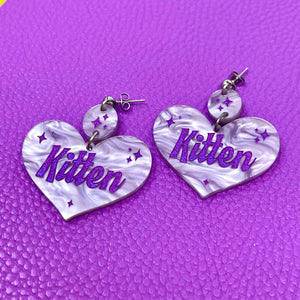 Kitten Retro Sparkle Heart Earrings - Lavender Earrings Restrained Grace