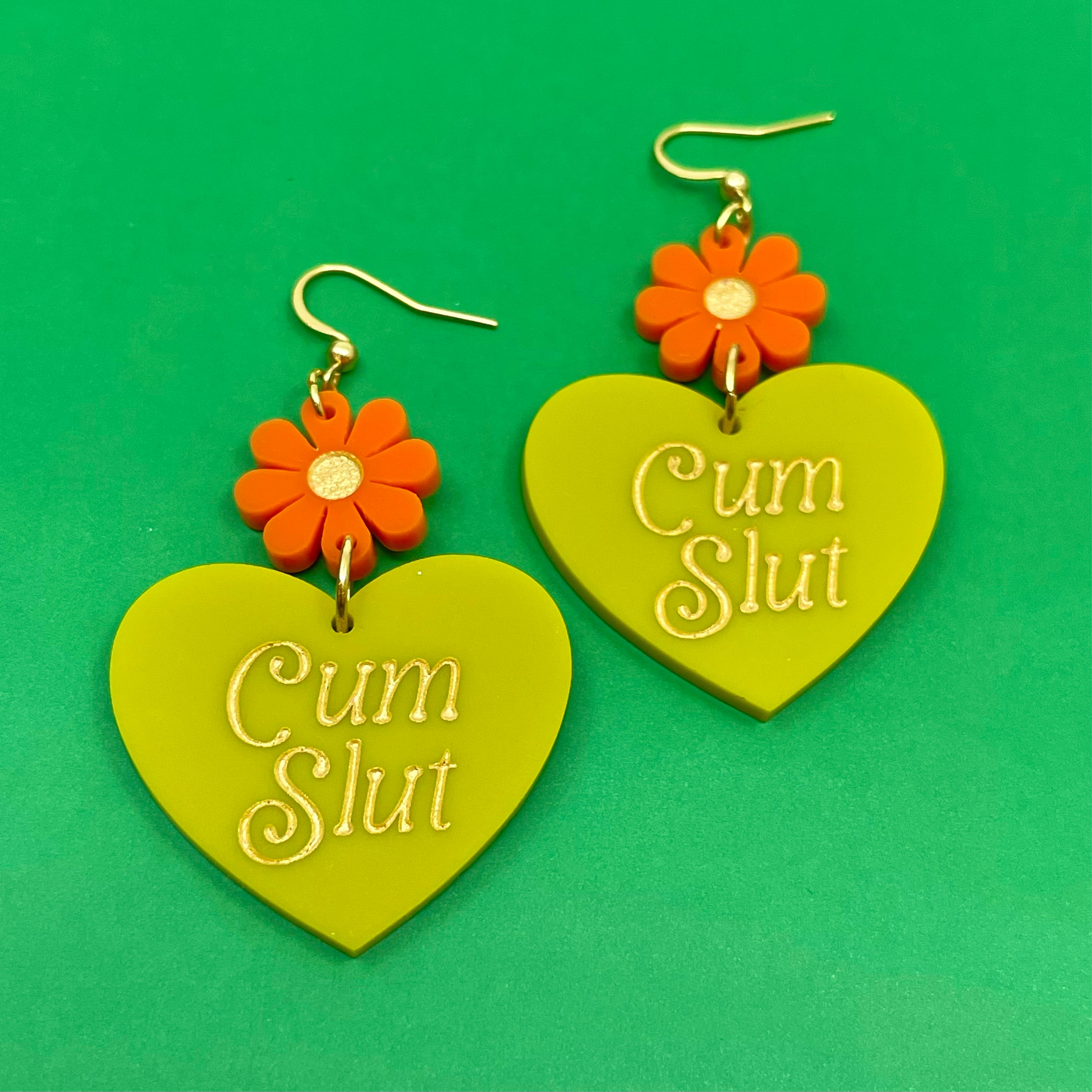 'Cum Slut' Retro 80s Heart Earrings