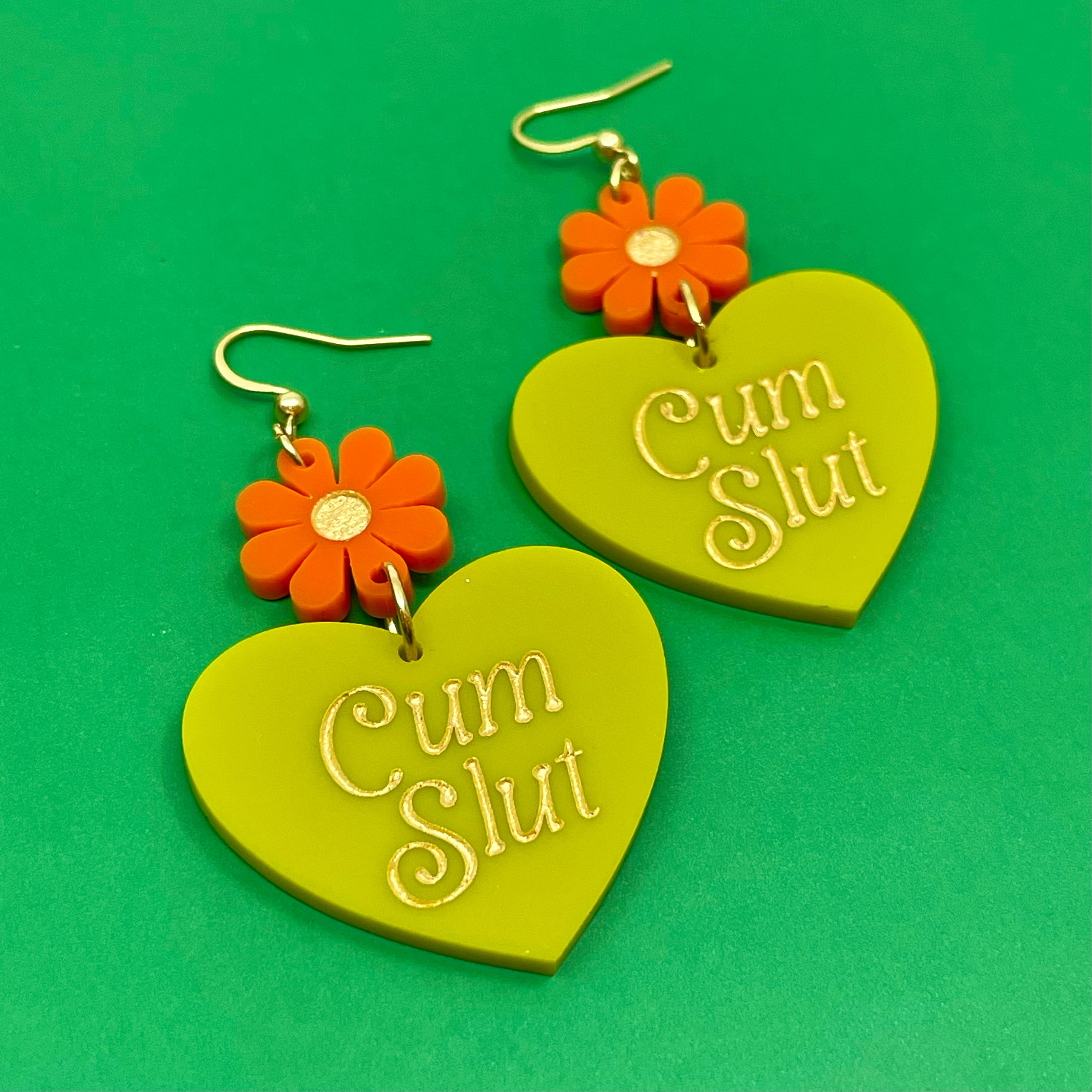 'Cum Slut' Retro 80s Heart Earrings