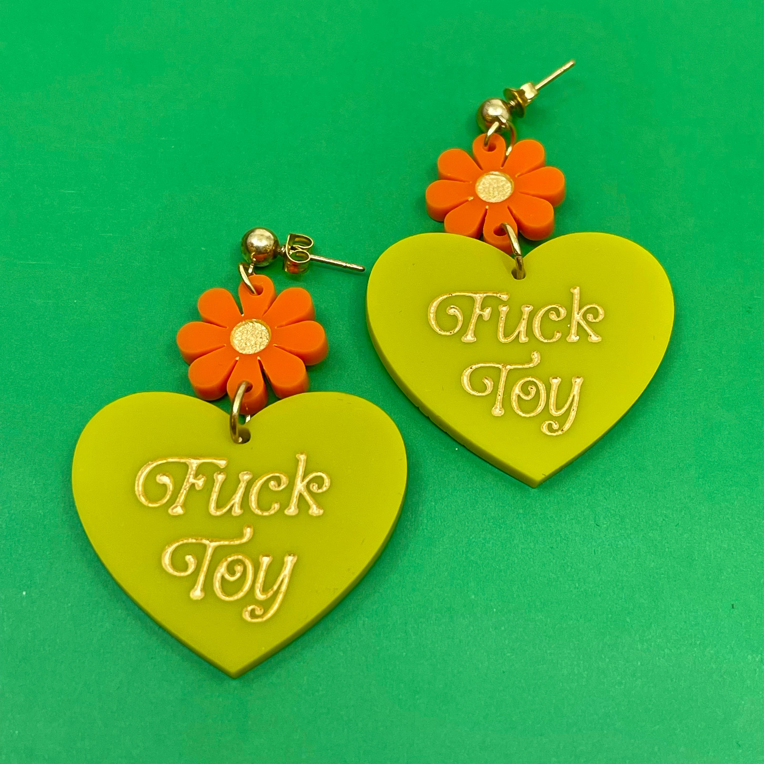 'Fuck Toy' Retro 80s Heart Earrings