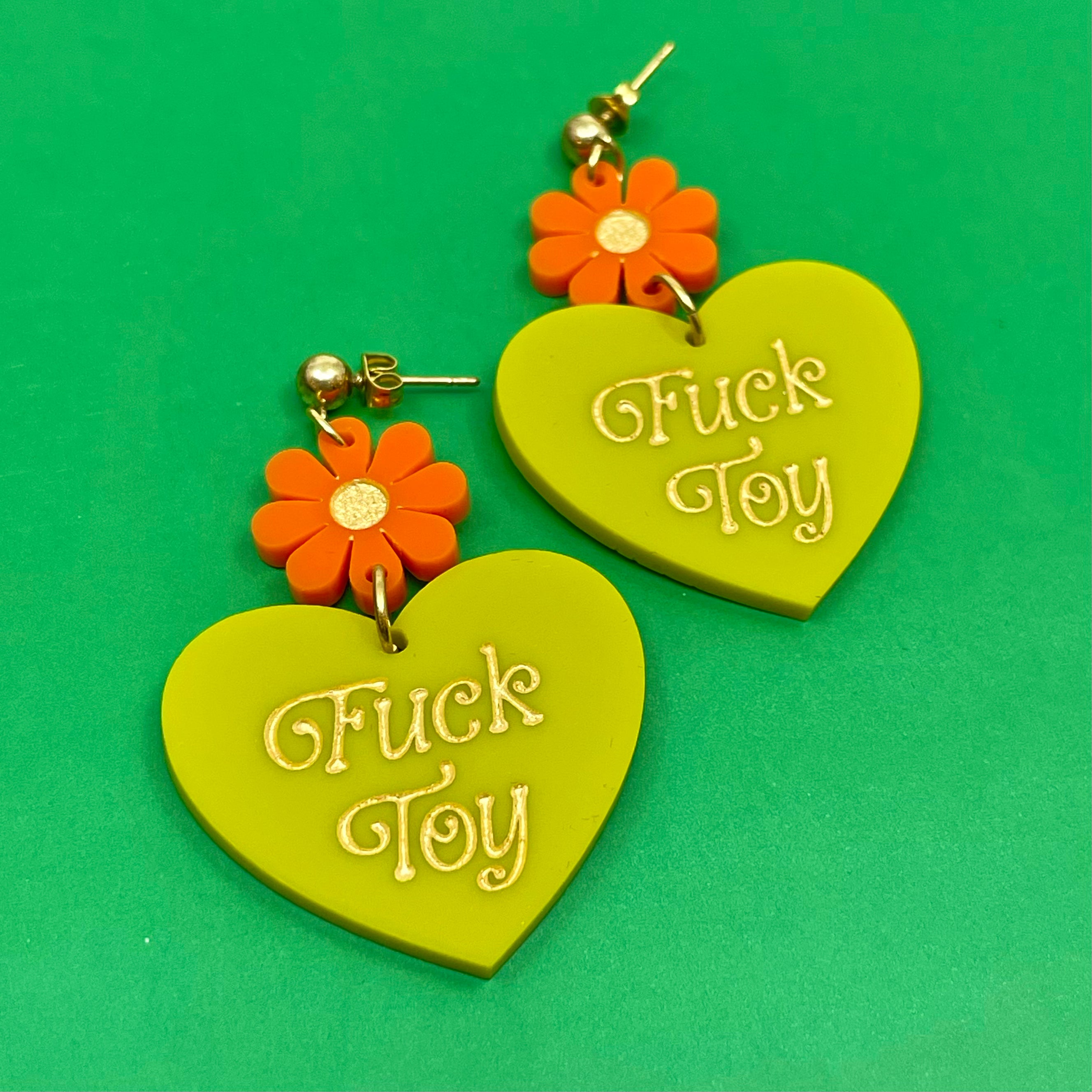 'Fuck Toy' Retro 80s Heart Earrings