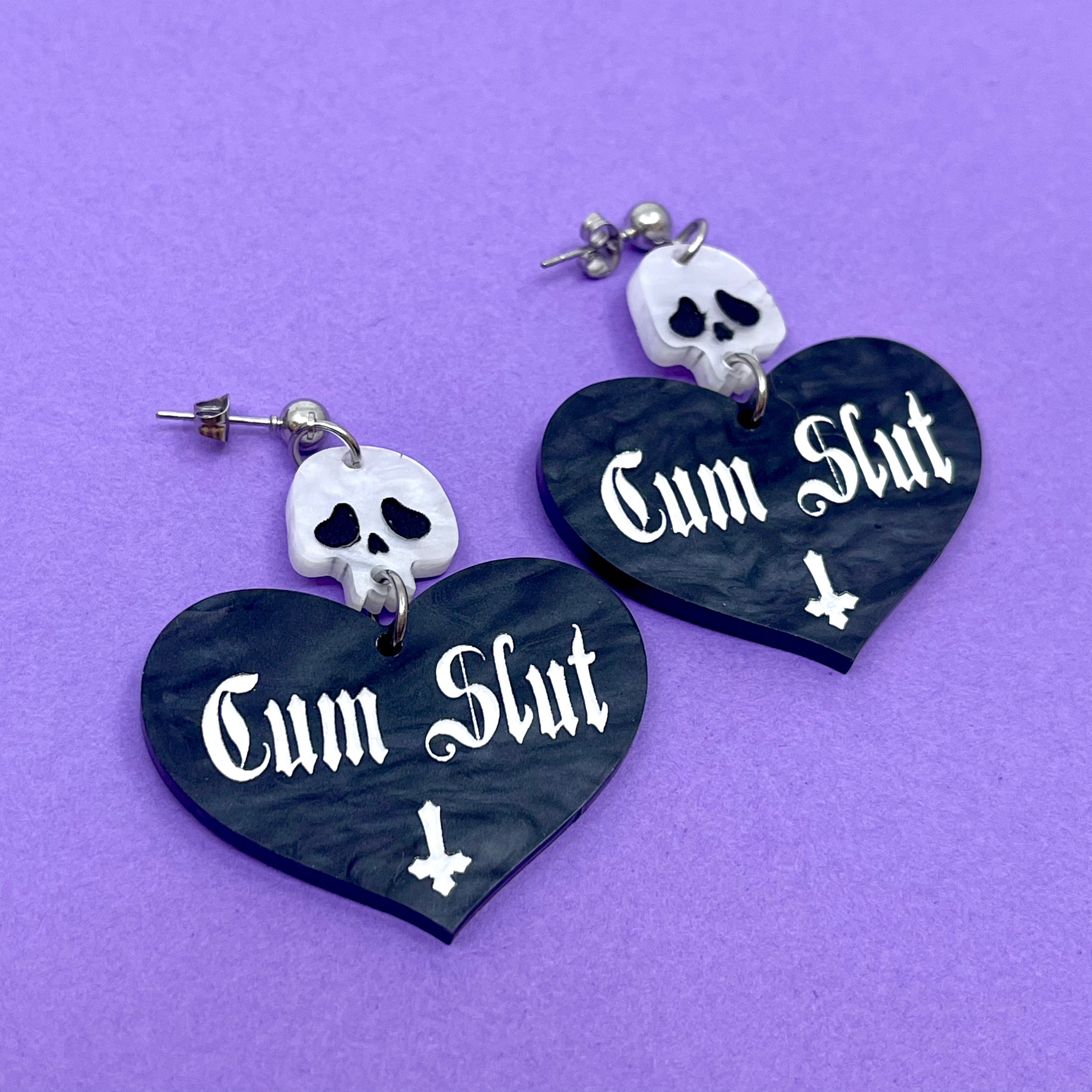 'Cum Slut' Goth Heart Earrings