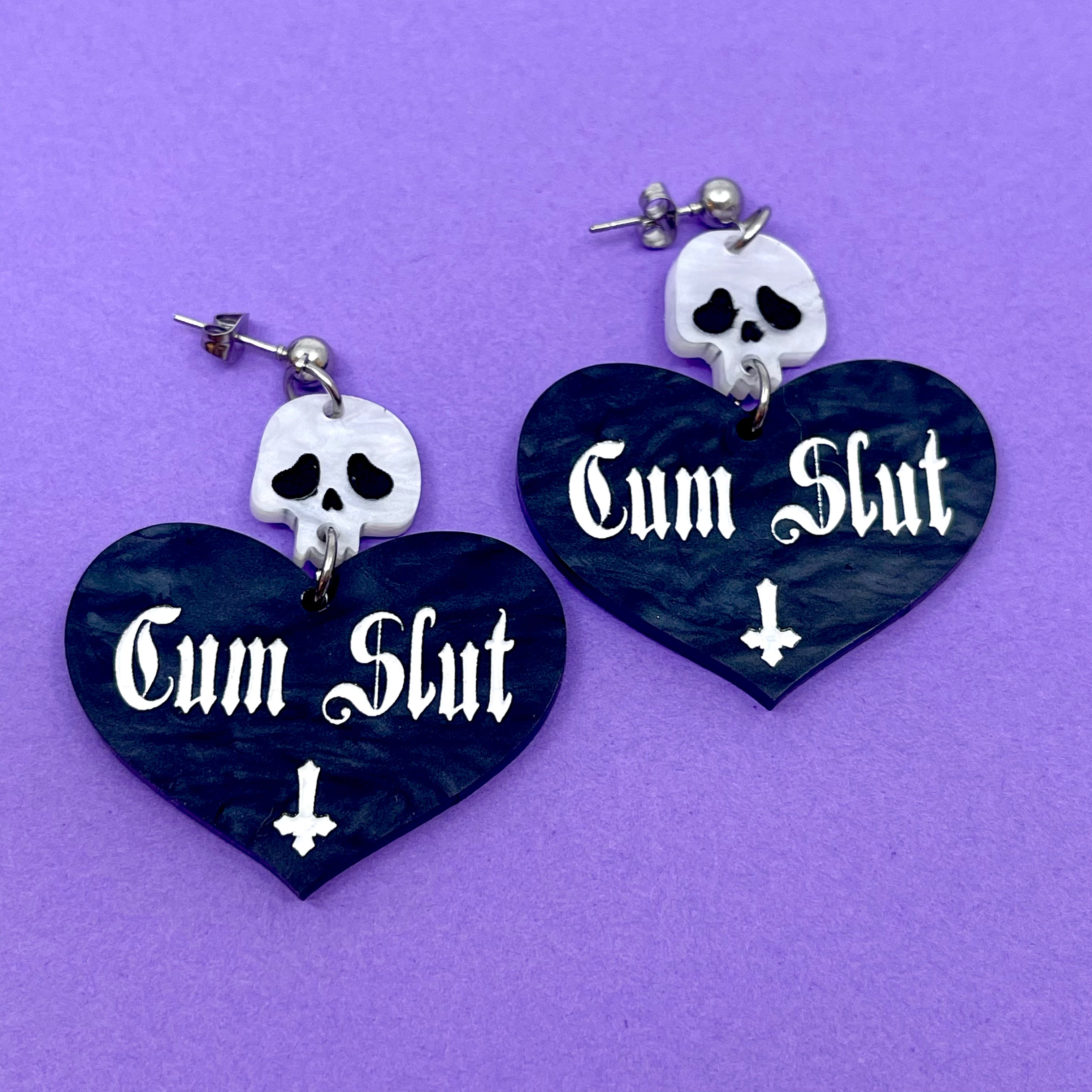 'Cum Slut' Goth Heart Earrings