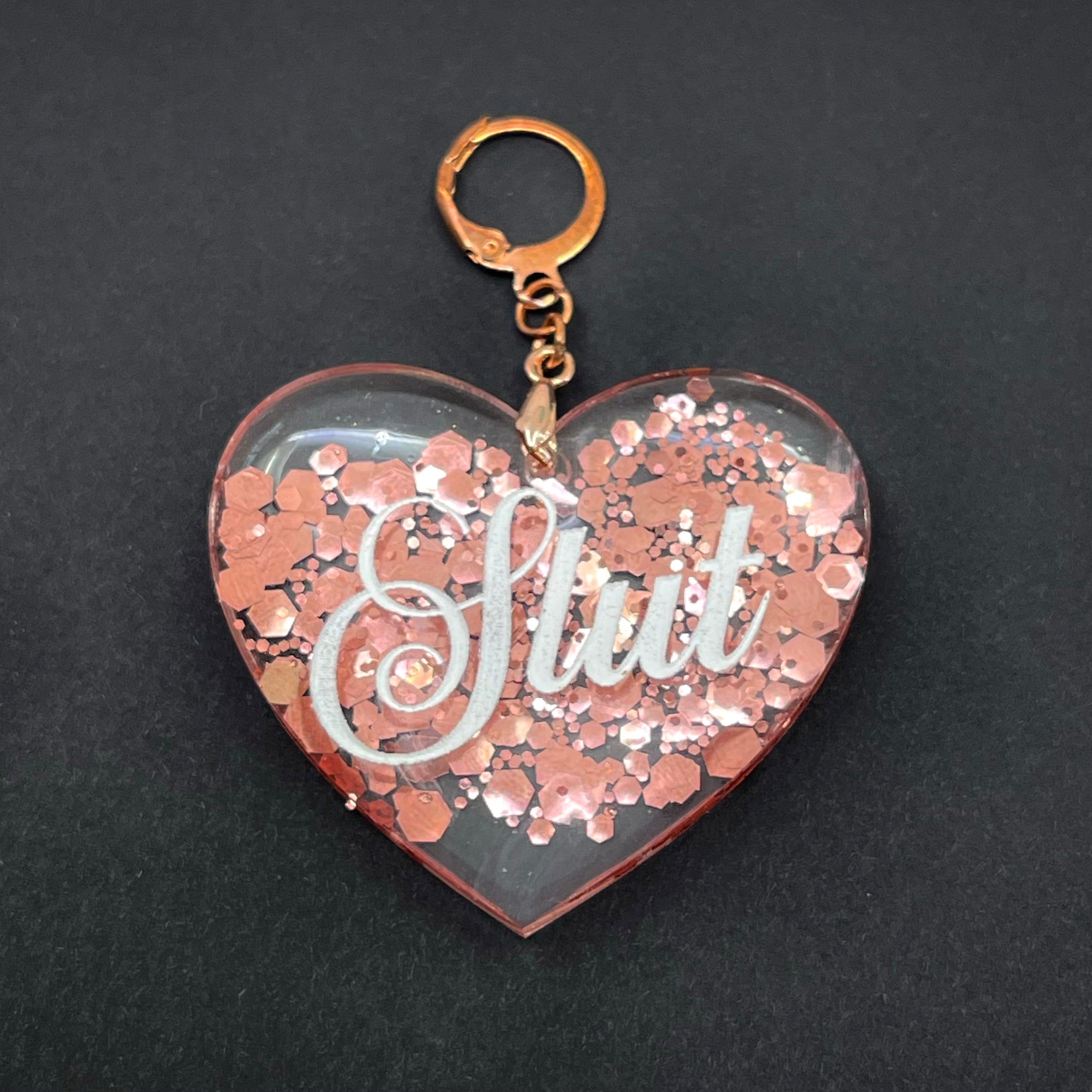 Slut XL Heart Collar Tag - Rose Gold Glitter Collar Tag Restrained Grace
