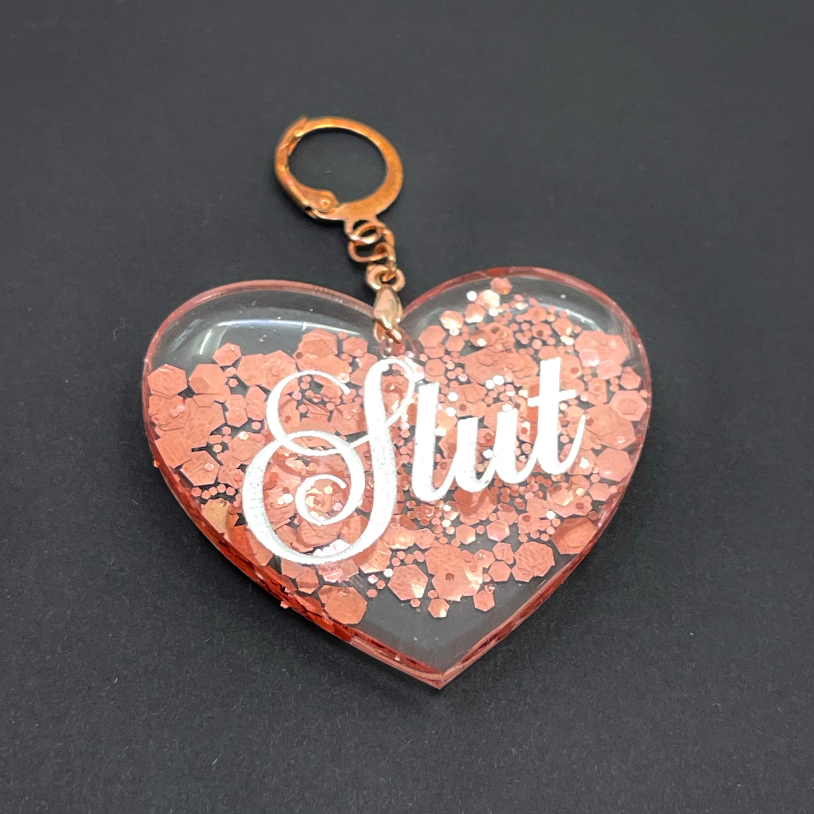 Slut XL Heart Collar Tag - Rose Gold Glitter Collar Tag Restrained Grace