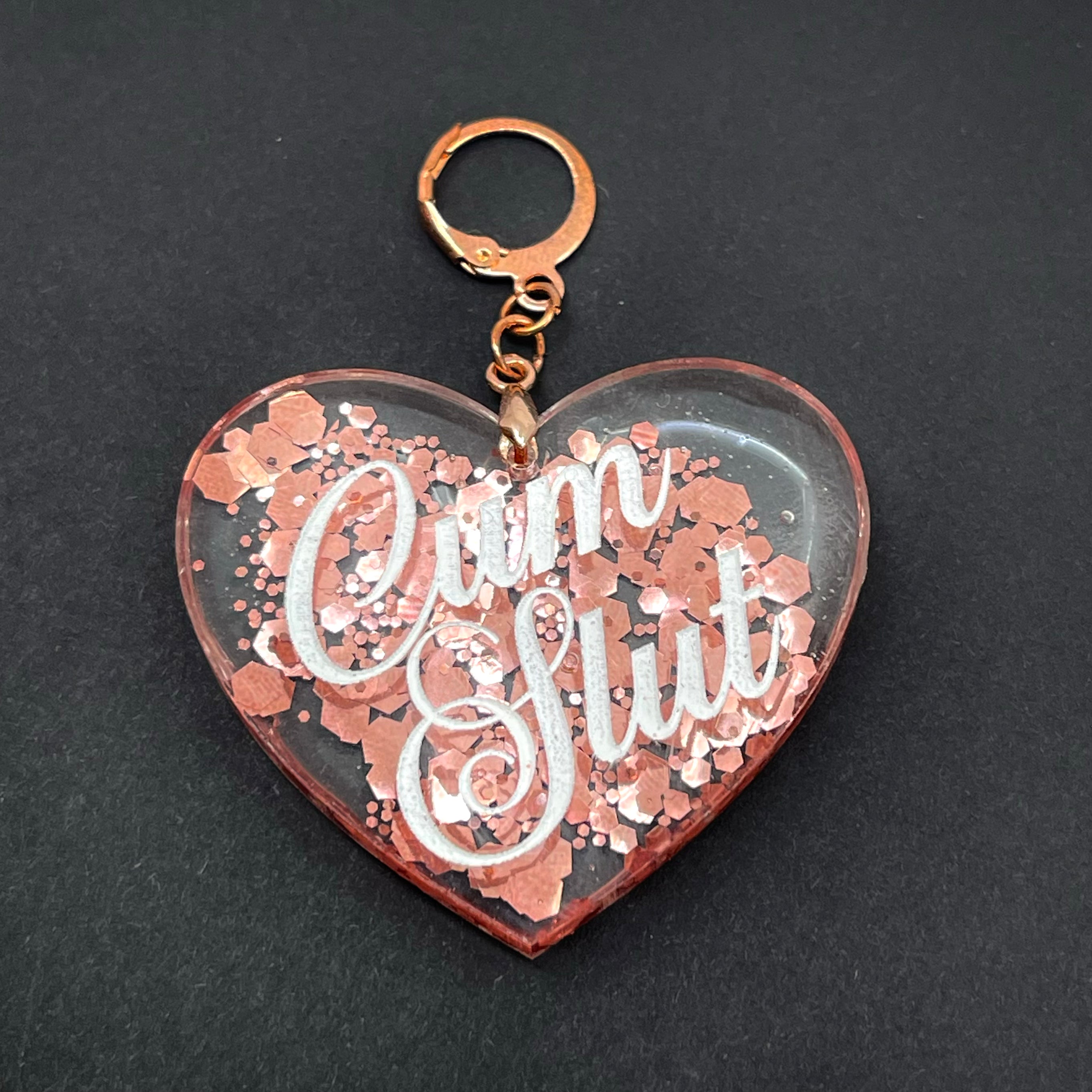 Cum Slut XL Heart Collar Tag - Rose Gold Glitter Collar Tag Restrained Grace