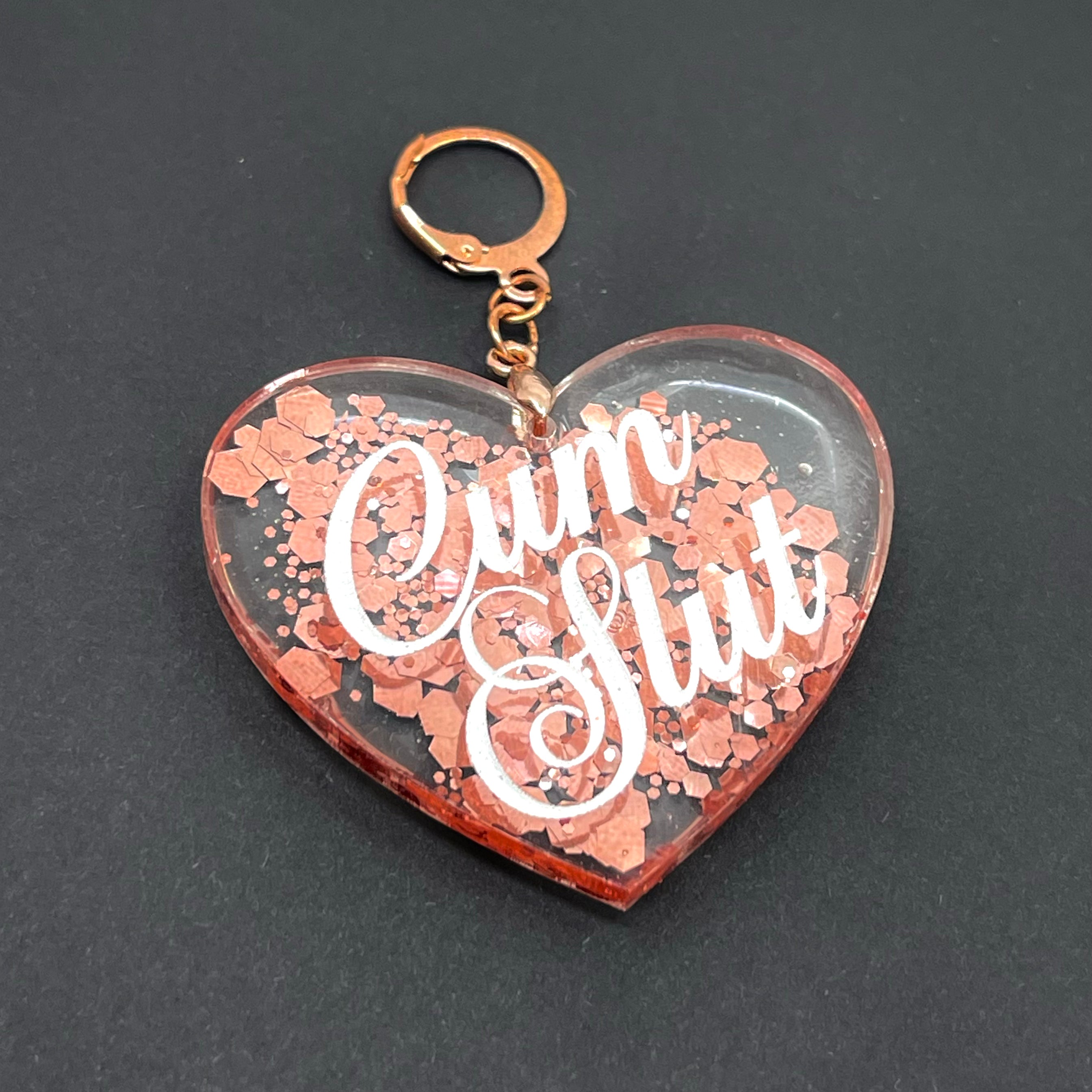 Cum Slut XL Heart Collar Tag - Rose Gold Glitter Collar Tag Restrained Grace