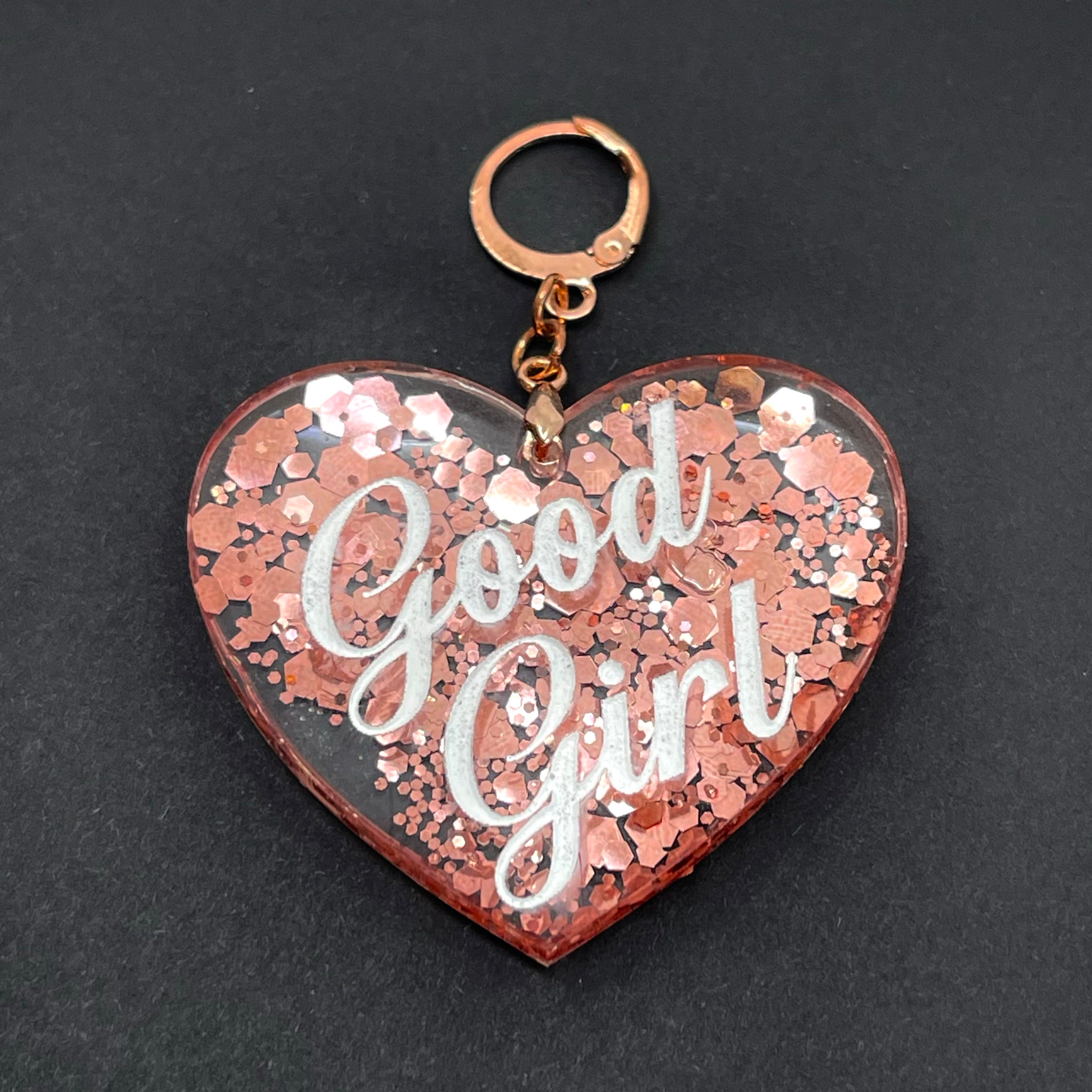Good Girl XL Heart Collar Tag - Rose Gold Glitter Collar Tag Restrained Grace