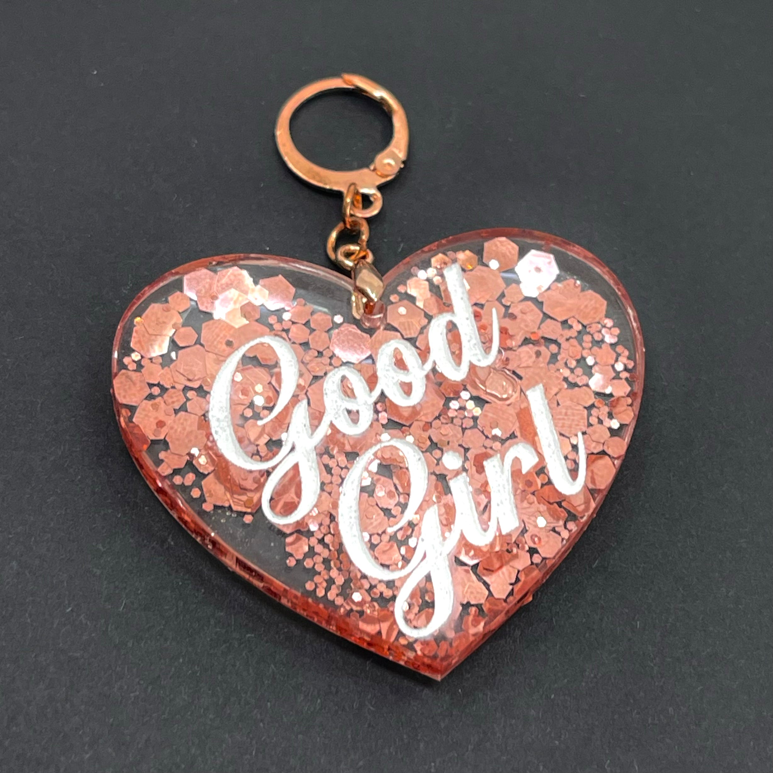 Good Girl XL Heart Collar Tag - Rose Gold Glitter Collar Tag Restrained Grace