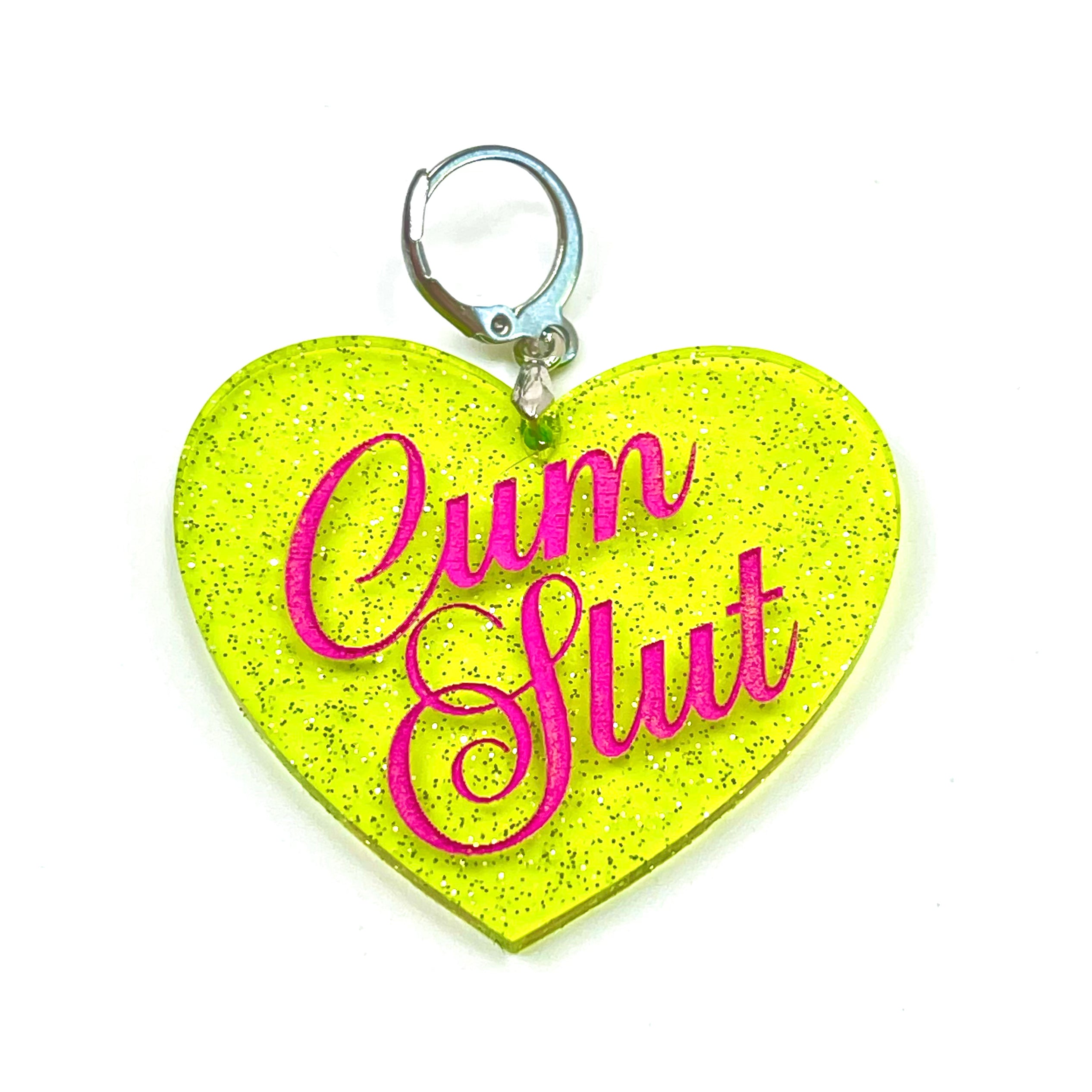 Cum Slut XL Heart Collar Tag - Lime Jelly Shimmer