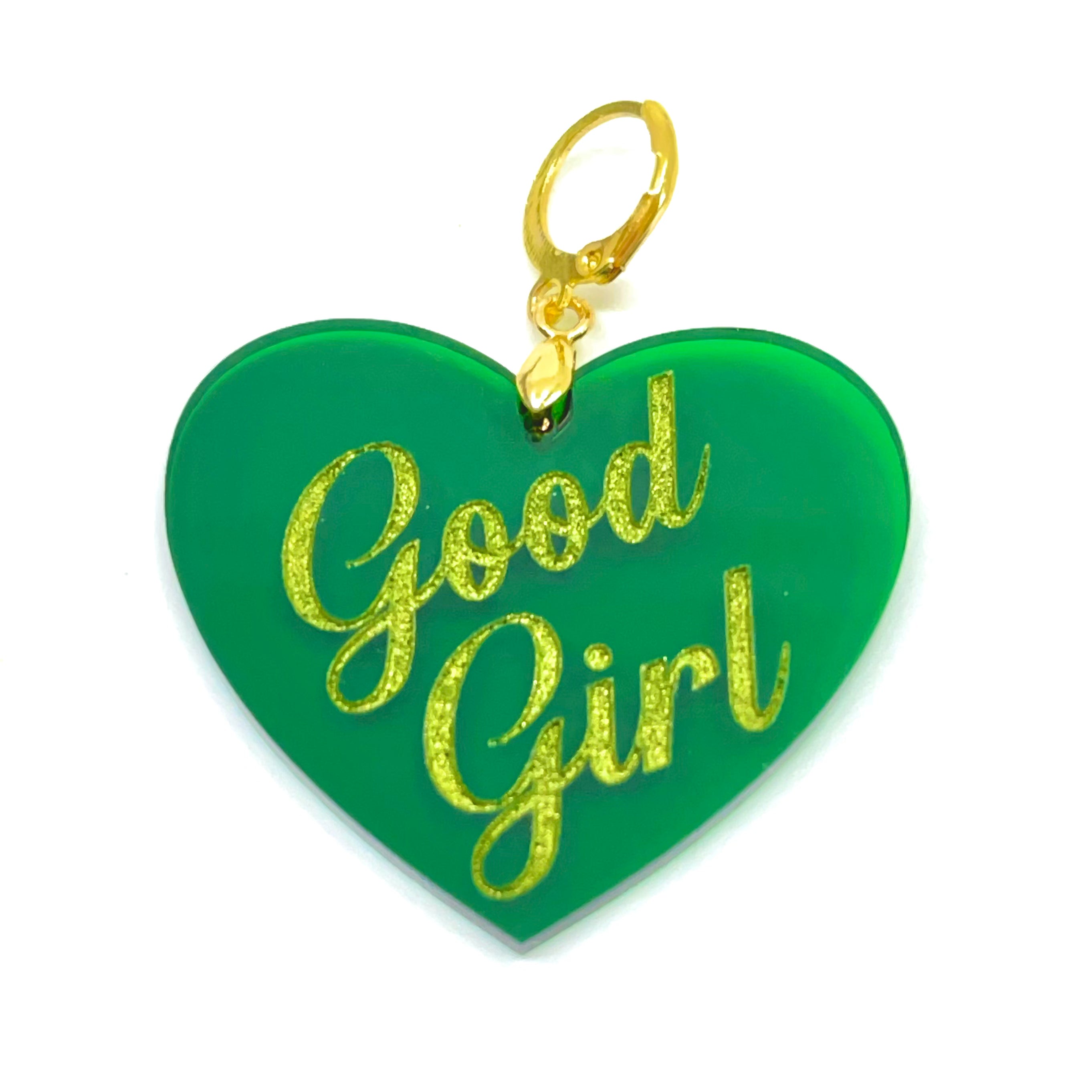Good Girl XL Heart Collar Tag - Transparent Green