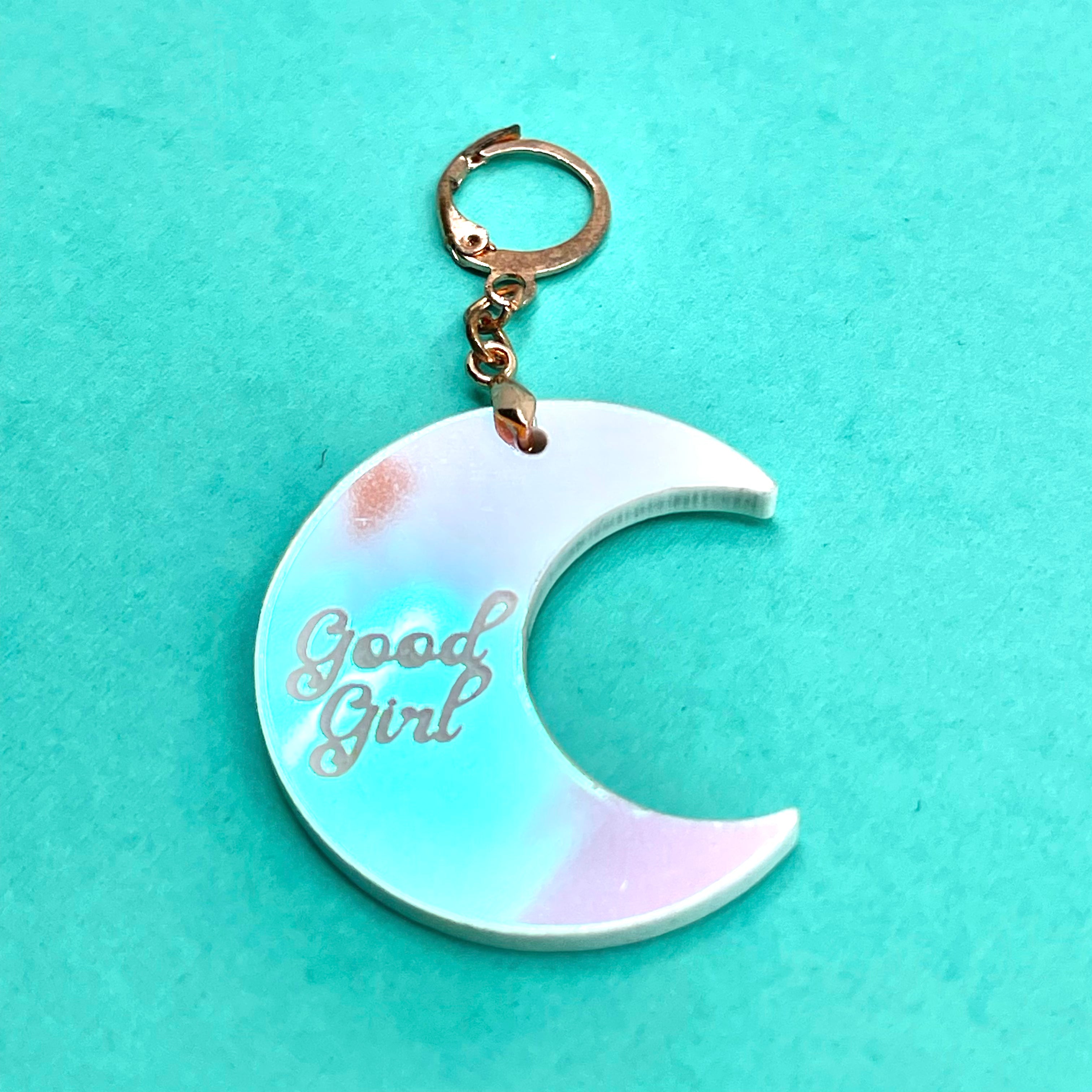 'Good Girl' Crescent Moon Collar Tag - Pink Iridescent